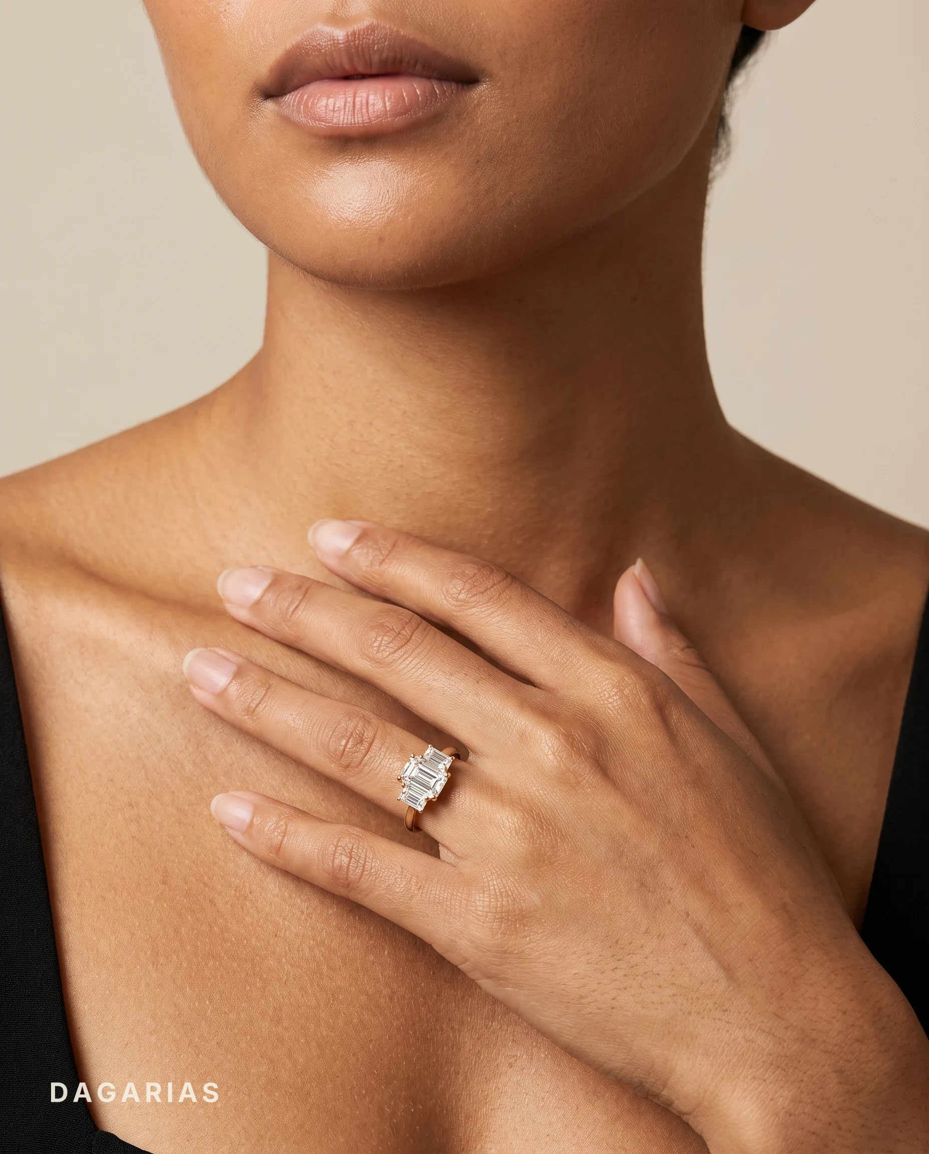 Simone, Three-Stone Ring, Three Emerald Cuts in Yellow Gold, emerald, worn