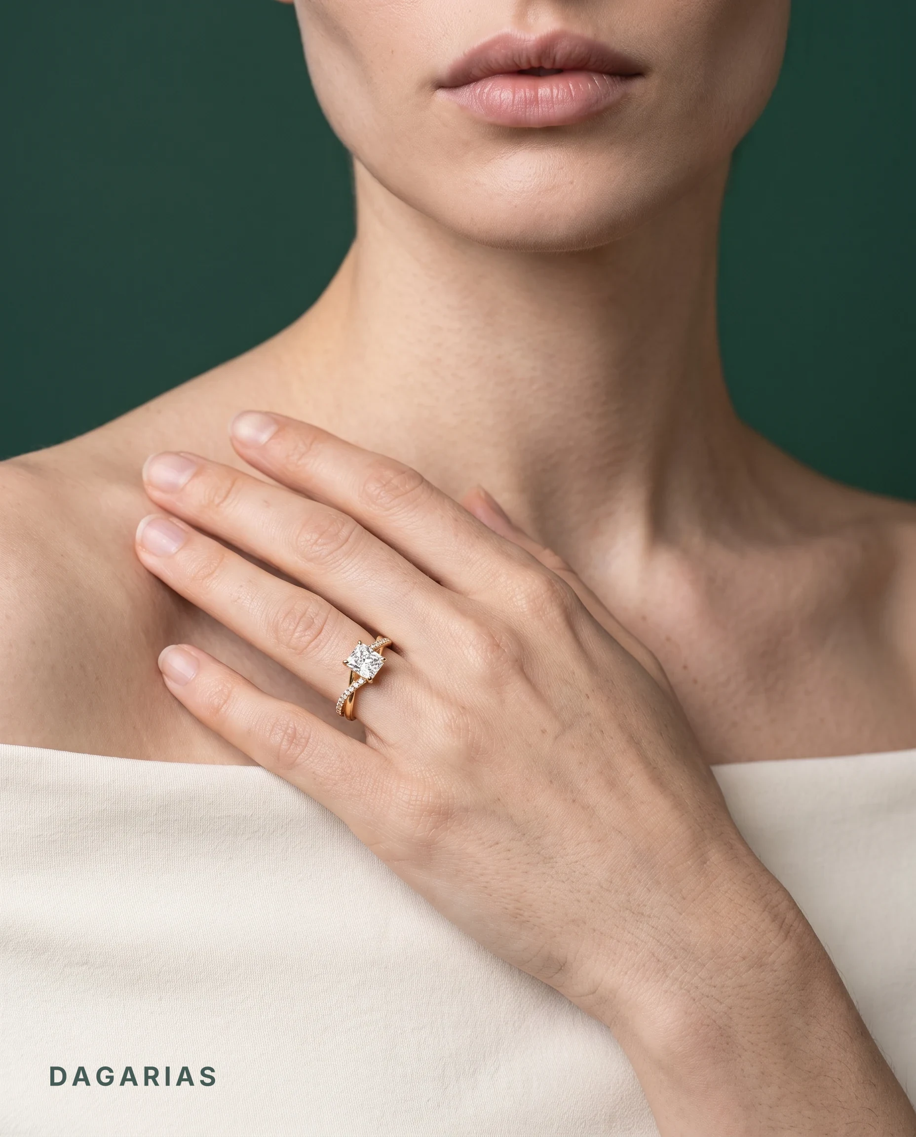 Viola, Four Prong Radiant Solitaire, Twisted Pavé Band in Yellow Gold, radiant, worn