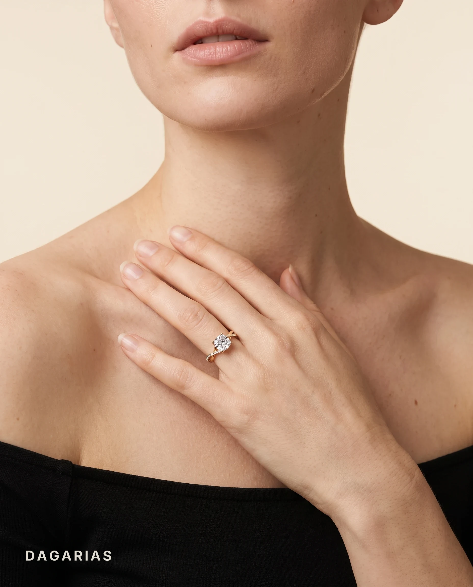Willa, Four Prong Cushion Solitaire, Twisted Pavé Band in Yellow Gold, cushion, worn