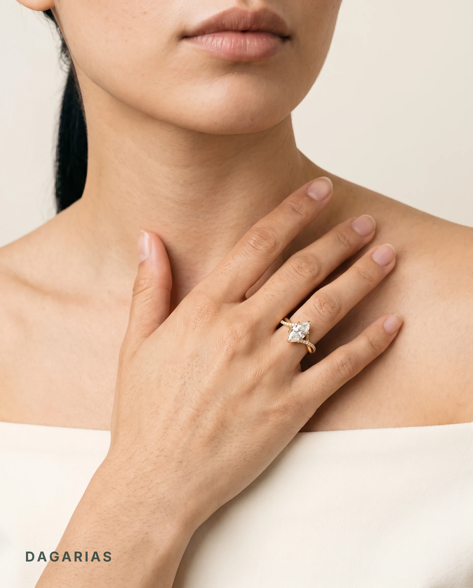 Allegra, Four Prong Marquise Solitaire, Twisted Pavé Band in Yellow Gold, marquise, worn