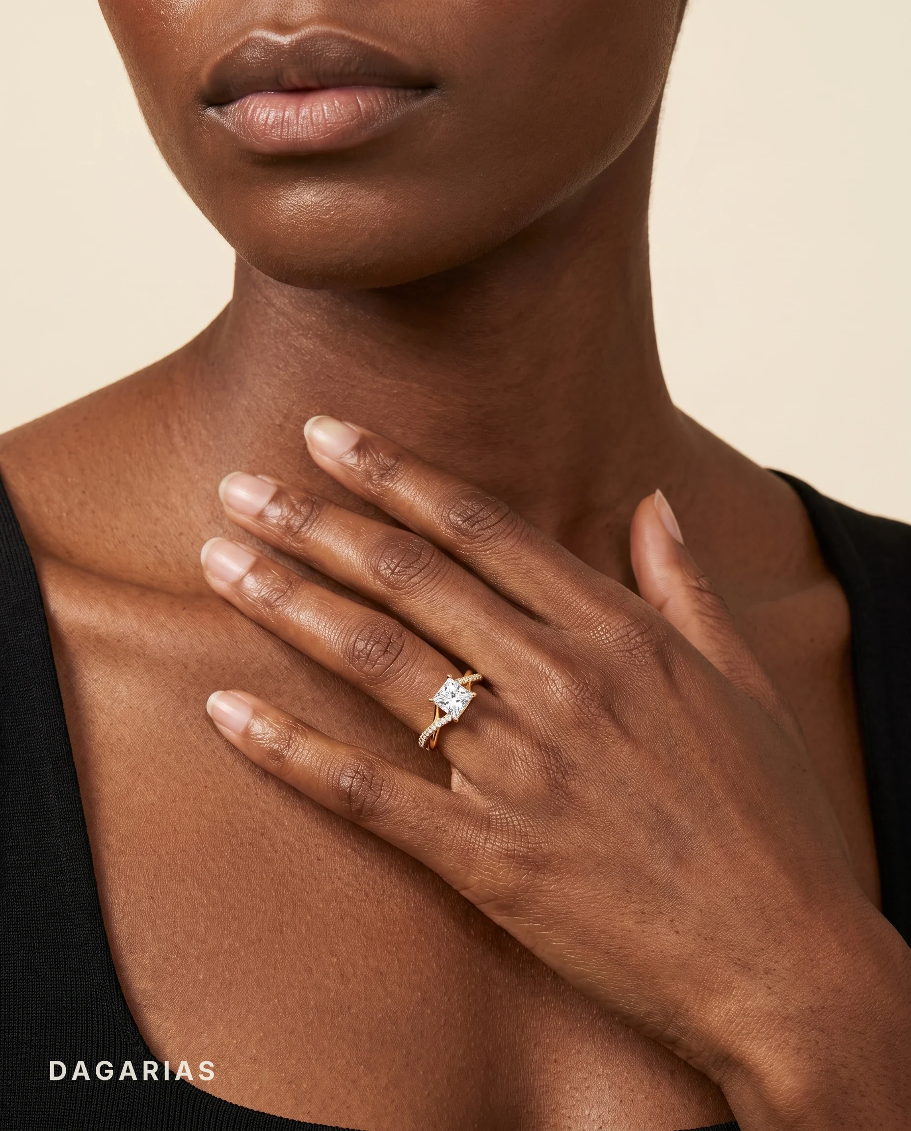 Dahlia, Four Prong Princess Solitaire, Twisted Pavé Band in Yellow Gold, princess, worn