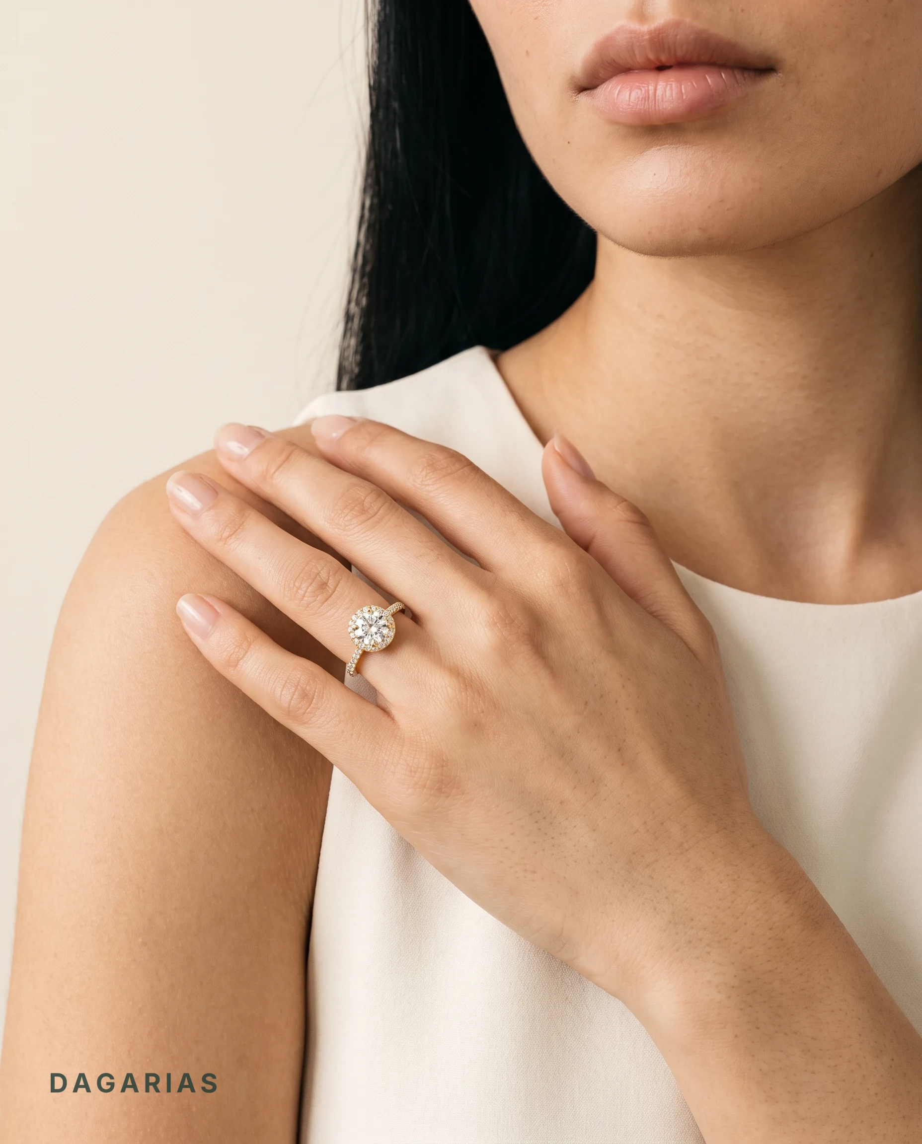 Isabeau, Round Halo, Cathedral Pavé Band in Yellow Gold, round, worn