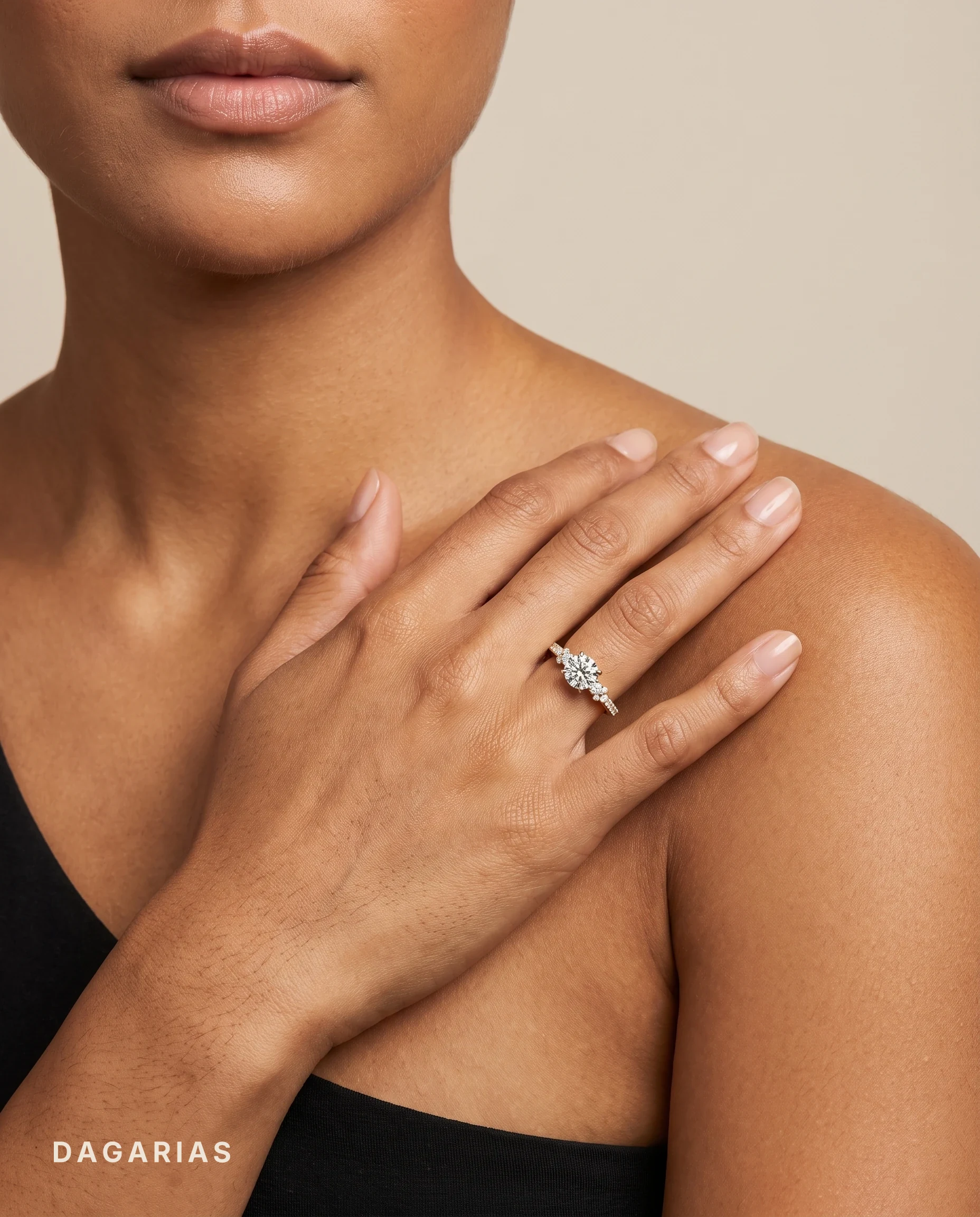 Josette, Round Solitaire, Pear and Marquise Shoulders in Yellow Gold, round, worn