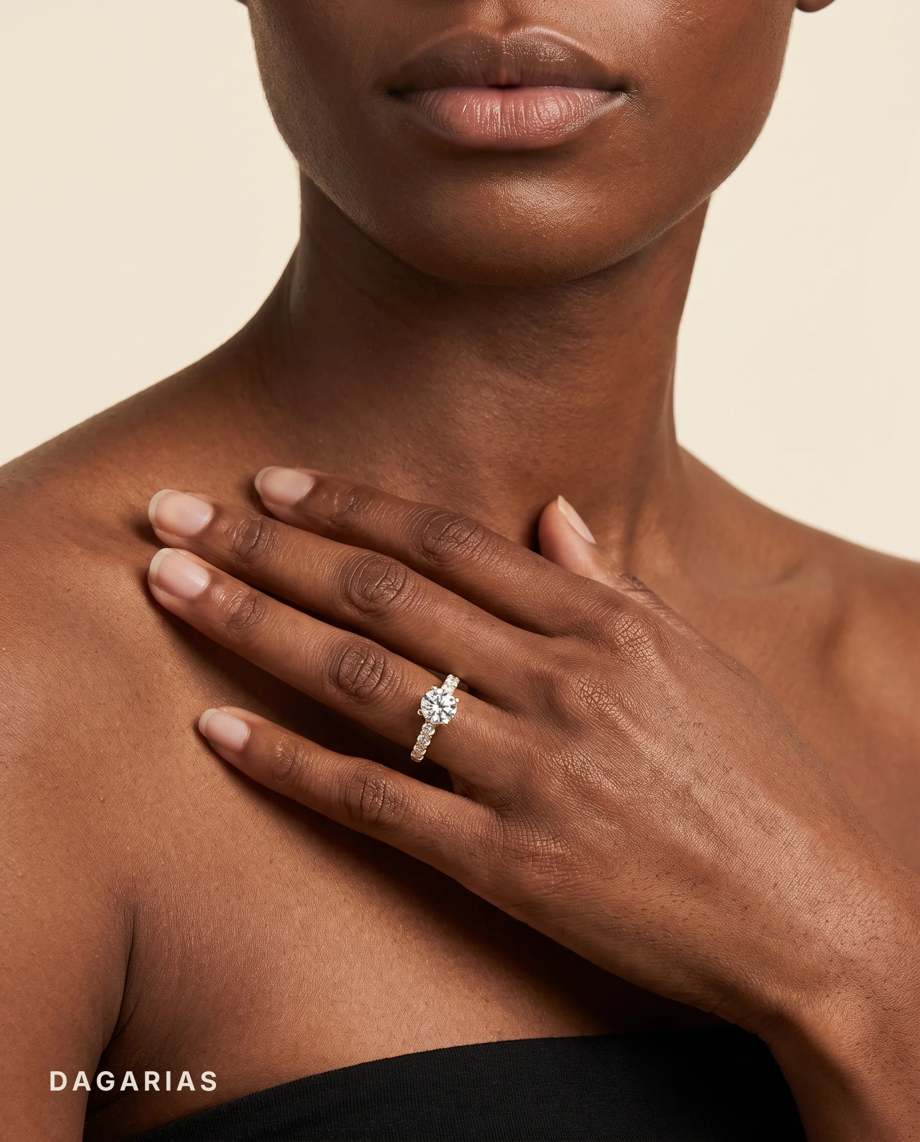 Lavinia, Four Prong Round Solitaire, Graduated Pavé Shoulders in Yellow Gold, round, worn