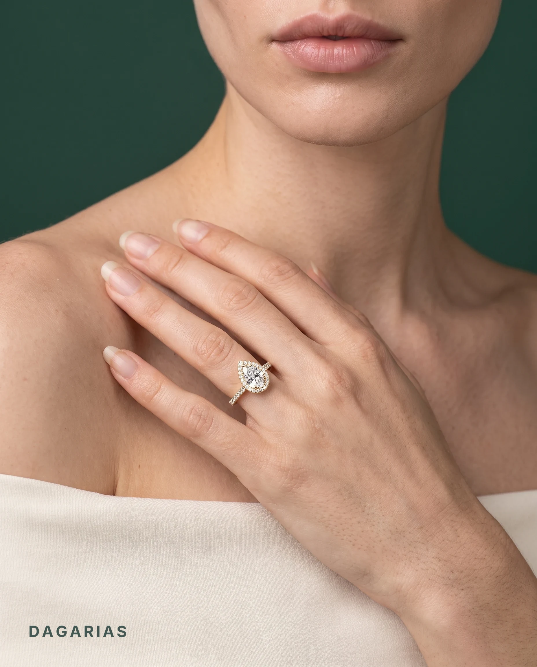 Melisande, Pear Halo, Pavé Band in Yellow Gold, pear, worn