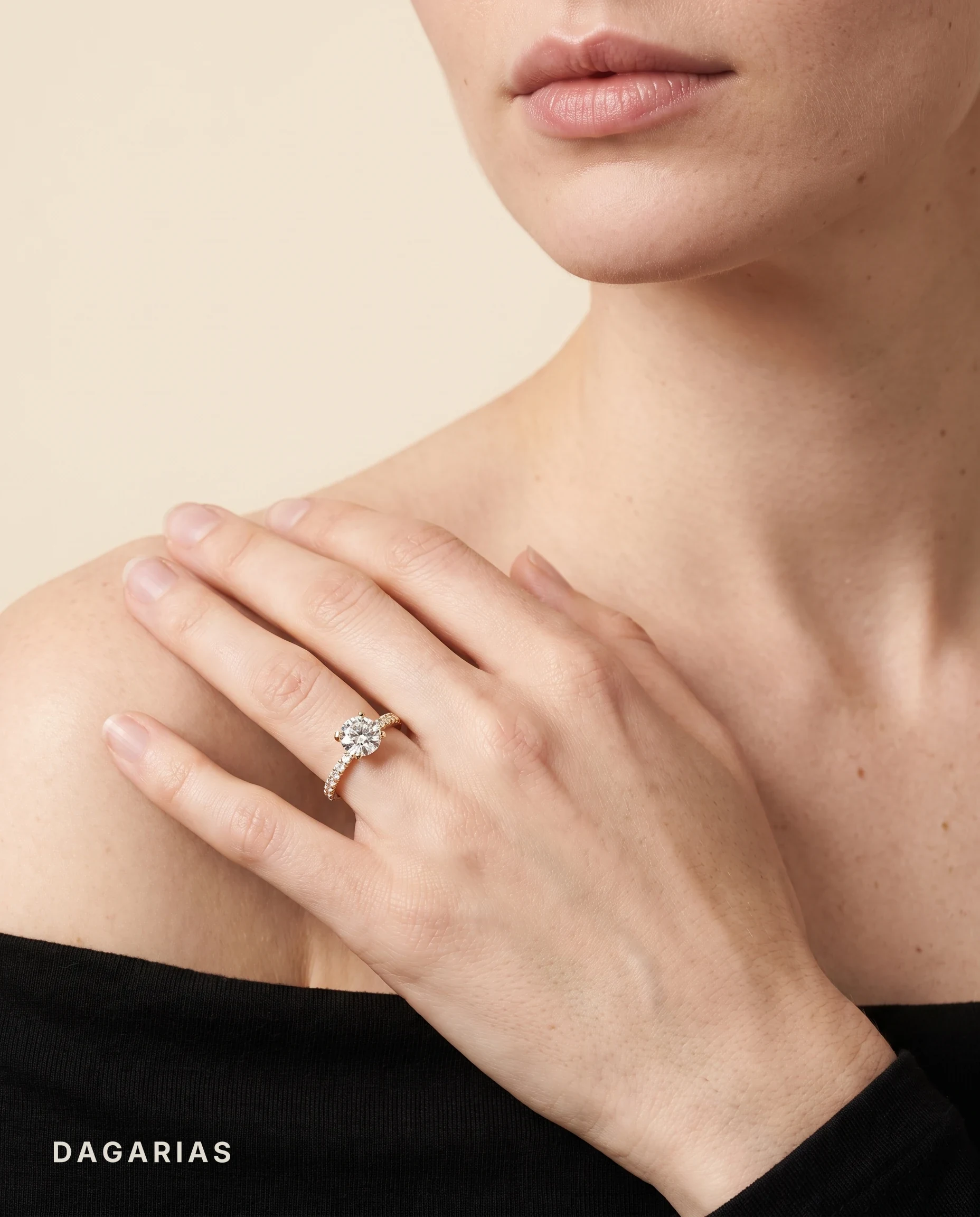 Nerissa, Four Prong Round Solitaire, Pavé Band in Yellow Gold, round, worn
