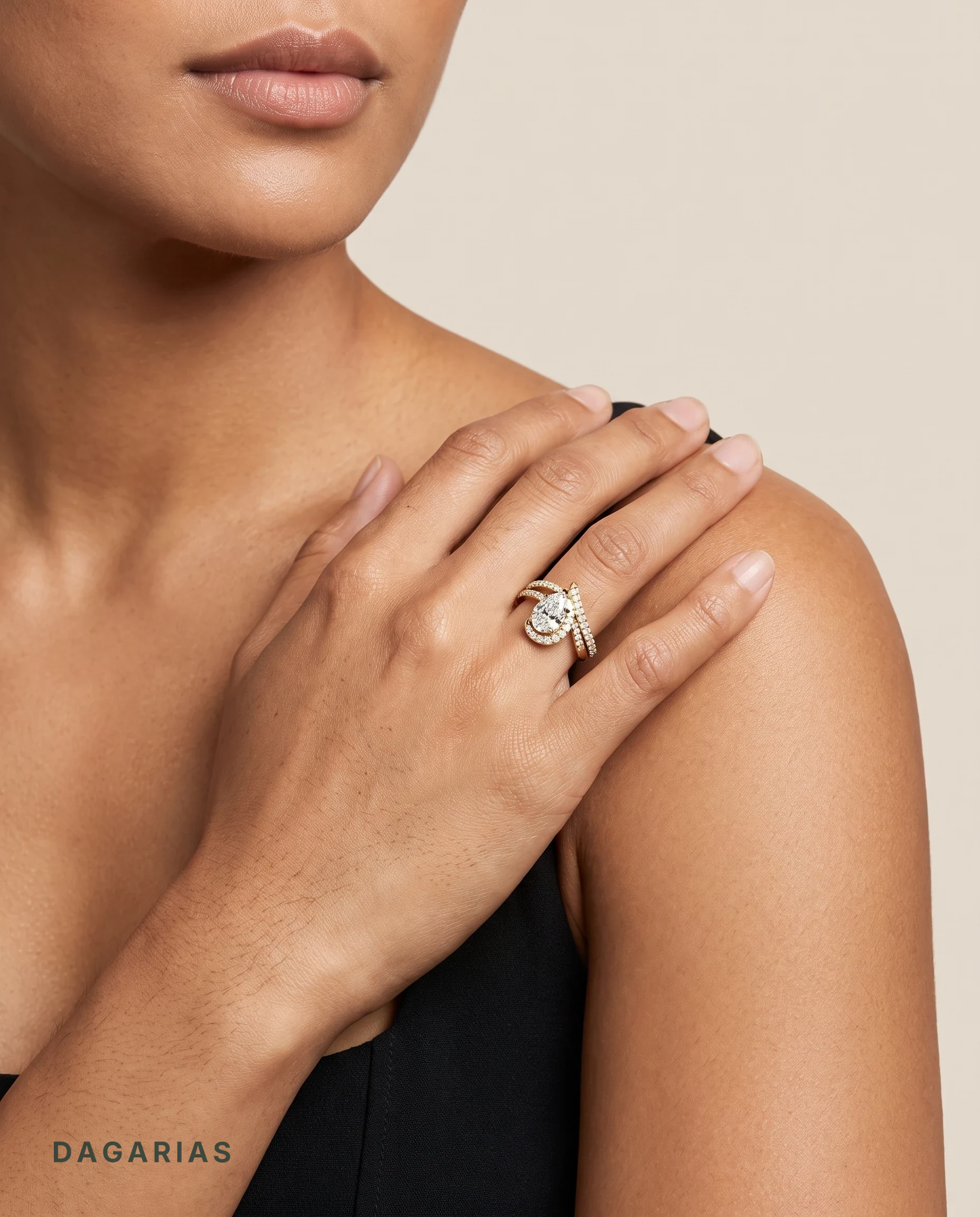 Romilly, Pear Half Halo, Pavé Bypass Band in Yellow Gold, pear, worn