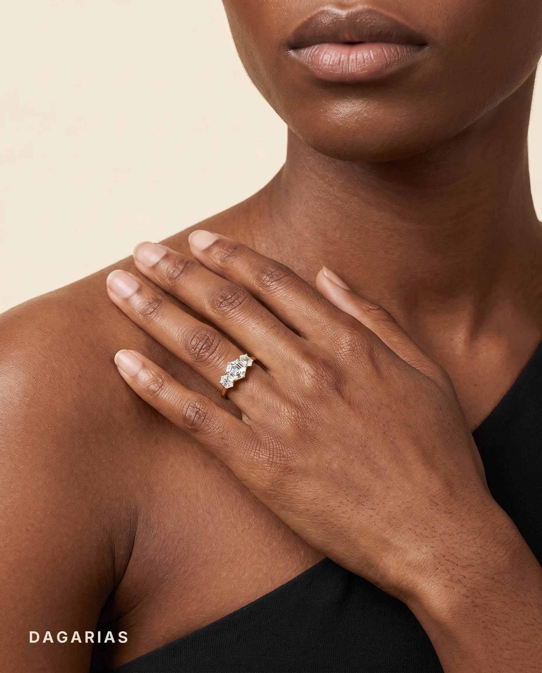 Verity, Three-Stone Ring, Three Hexagons in Yellow Gold, hexagon, worn