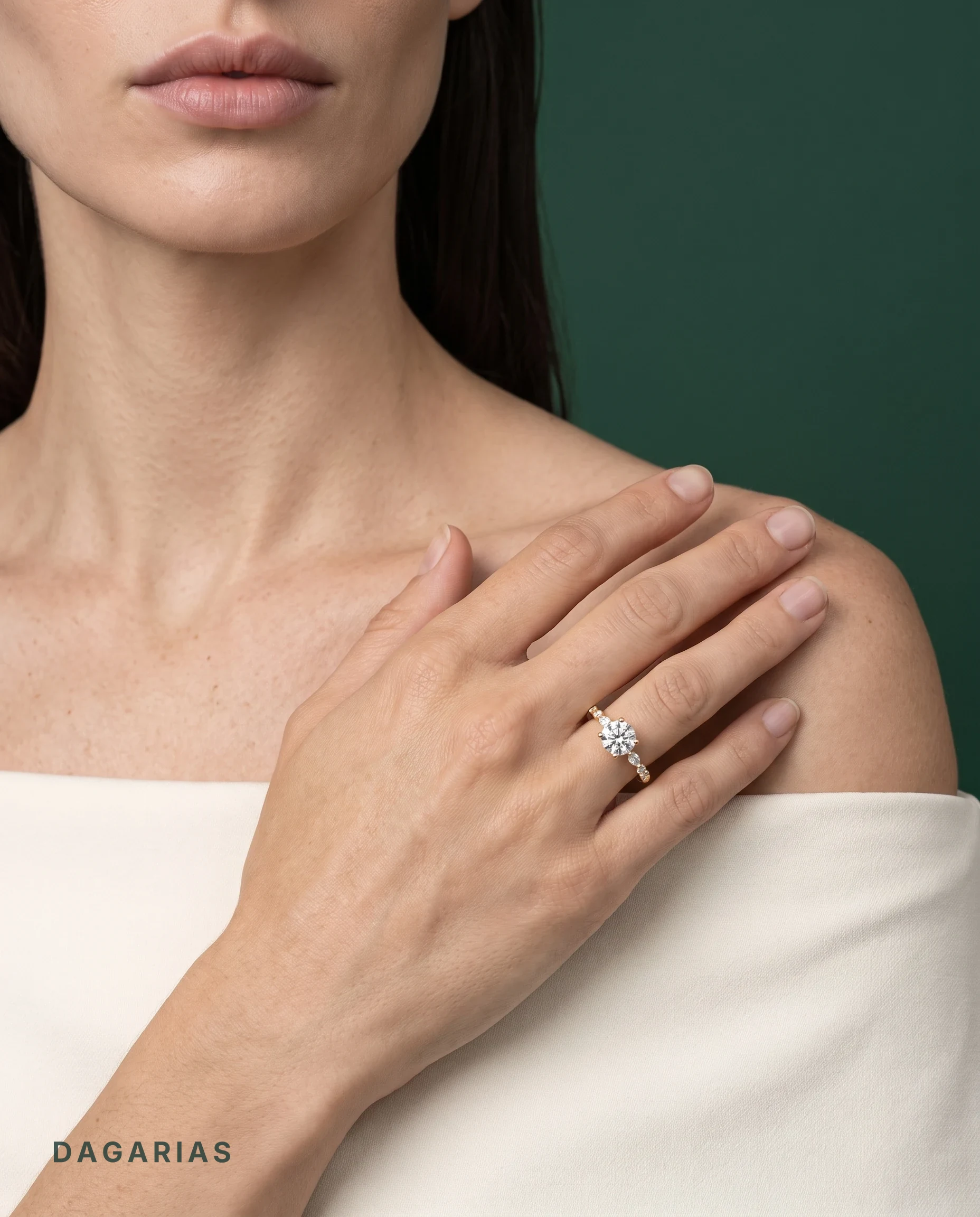 Winifred, Round Solitaire, Marquise and Round Shoulders in Yellow Gold, round, worn