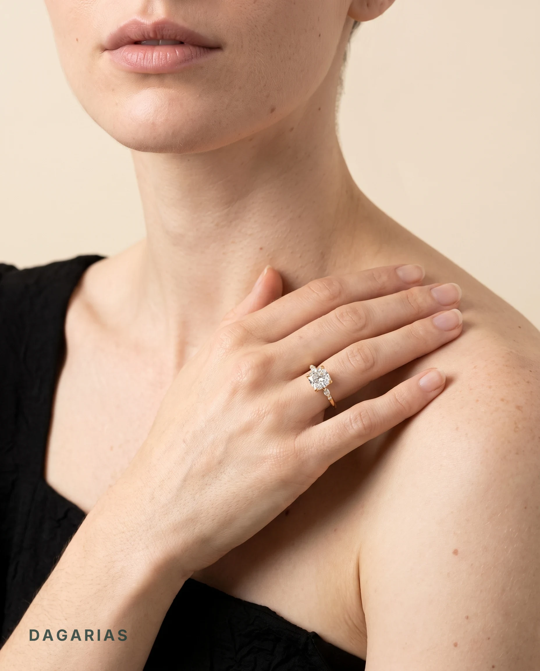 Anouk, Cushion Solitaire, Marquise and Round Shoulders in Yellow Gold, cushion, worn