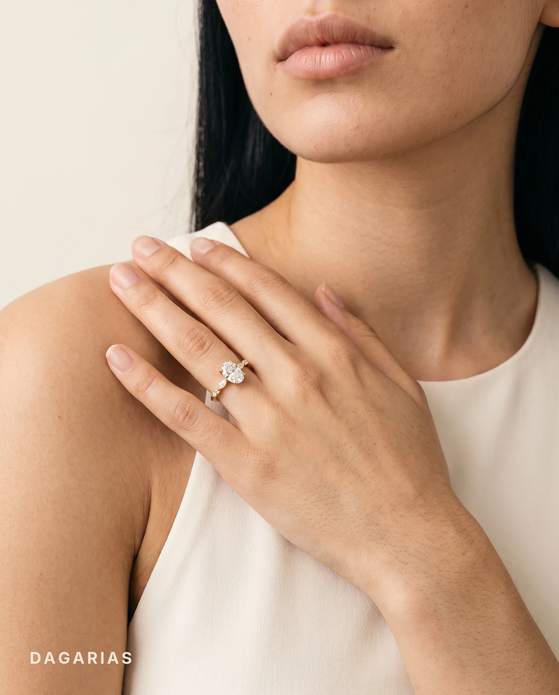 Coralie, Oval Solitaire, Marquise and Round Shoulders in Yellow Gold, oval, worn