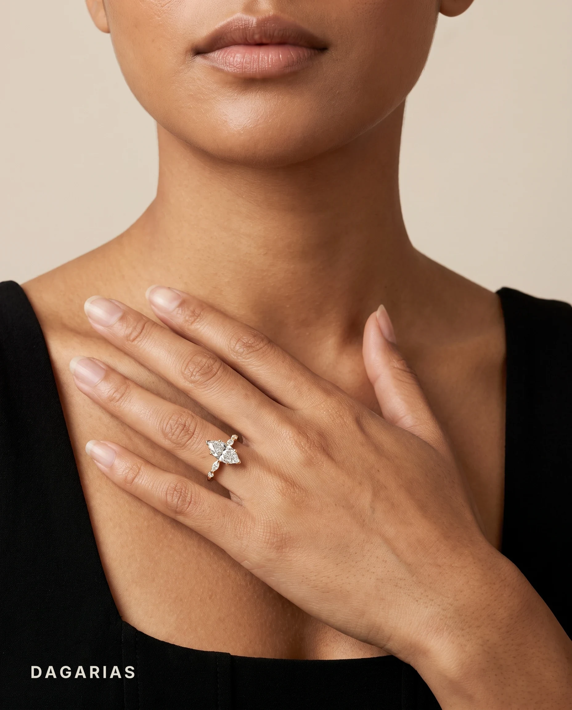 Dorothea, Marquise Solitaire, Marquise and Round Shoulders in Yellow Gold, marquise, worn