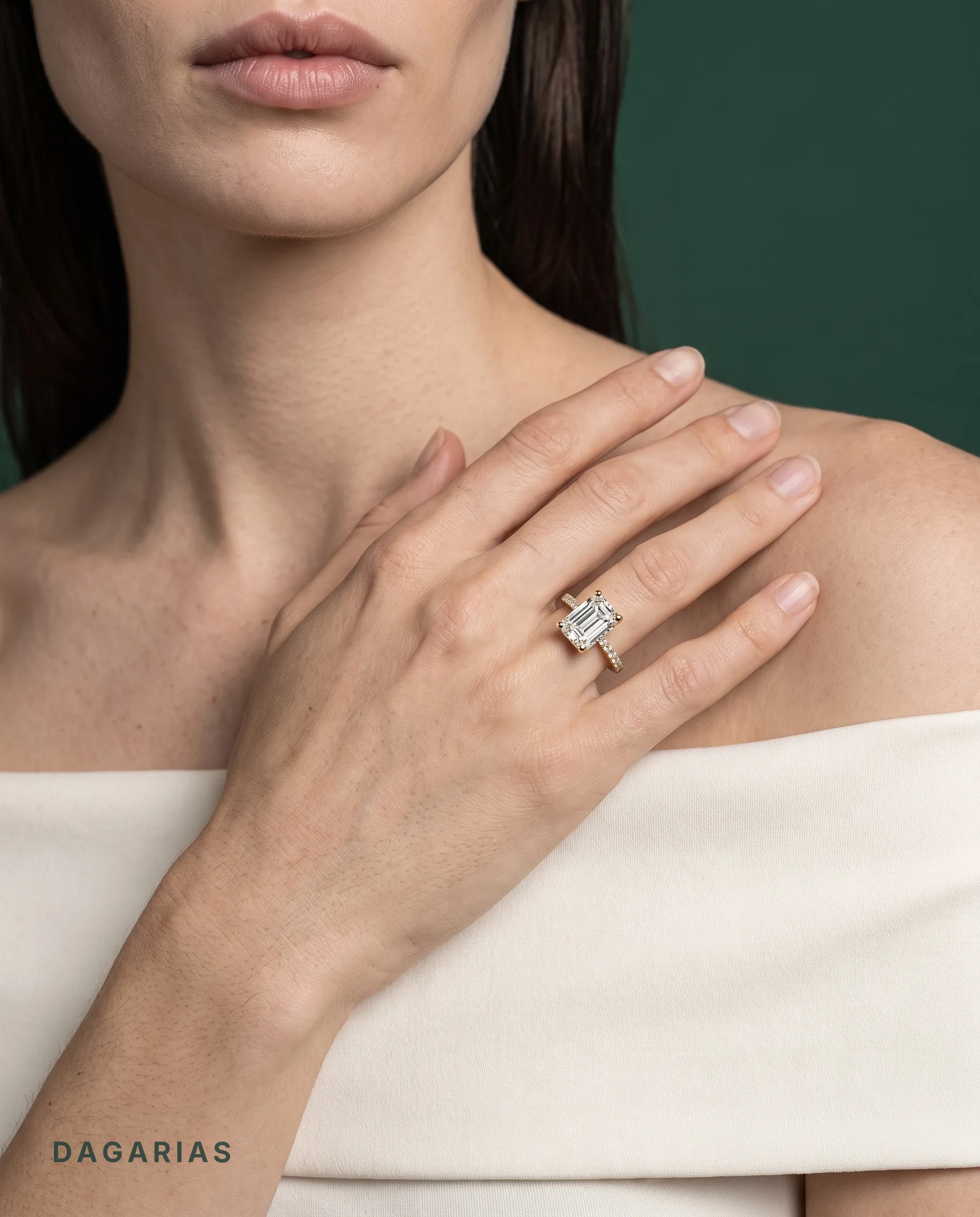 Francesca, Four Prong Emerald Solitaire, Pavé Band, Hidden Halo in Yellow Gold, emerald, worn