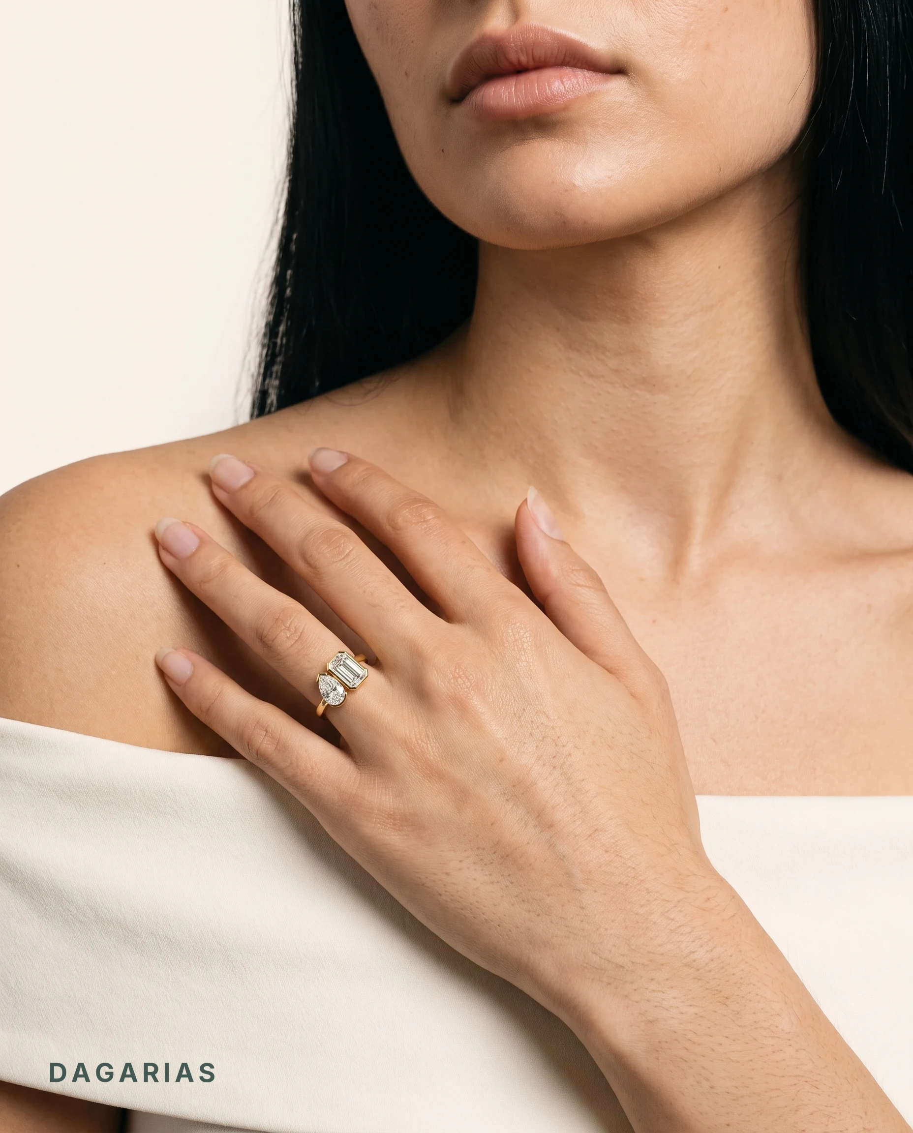 Harriet, Toi et Moi, Pear and Emerald Cut in Yellow Gold, pear, worn