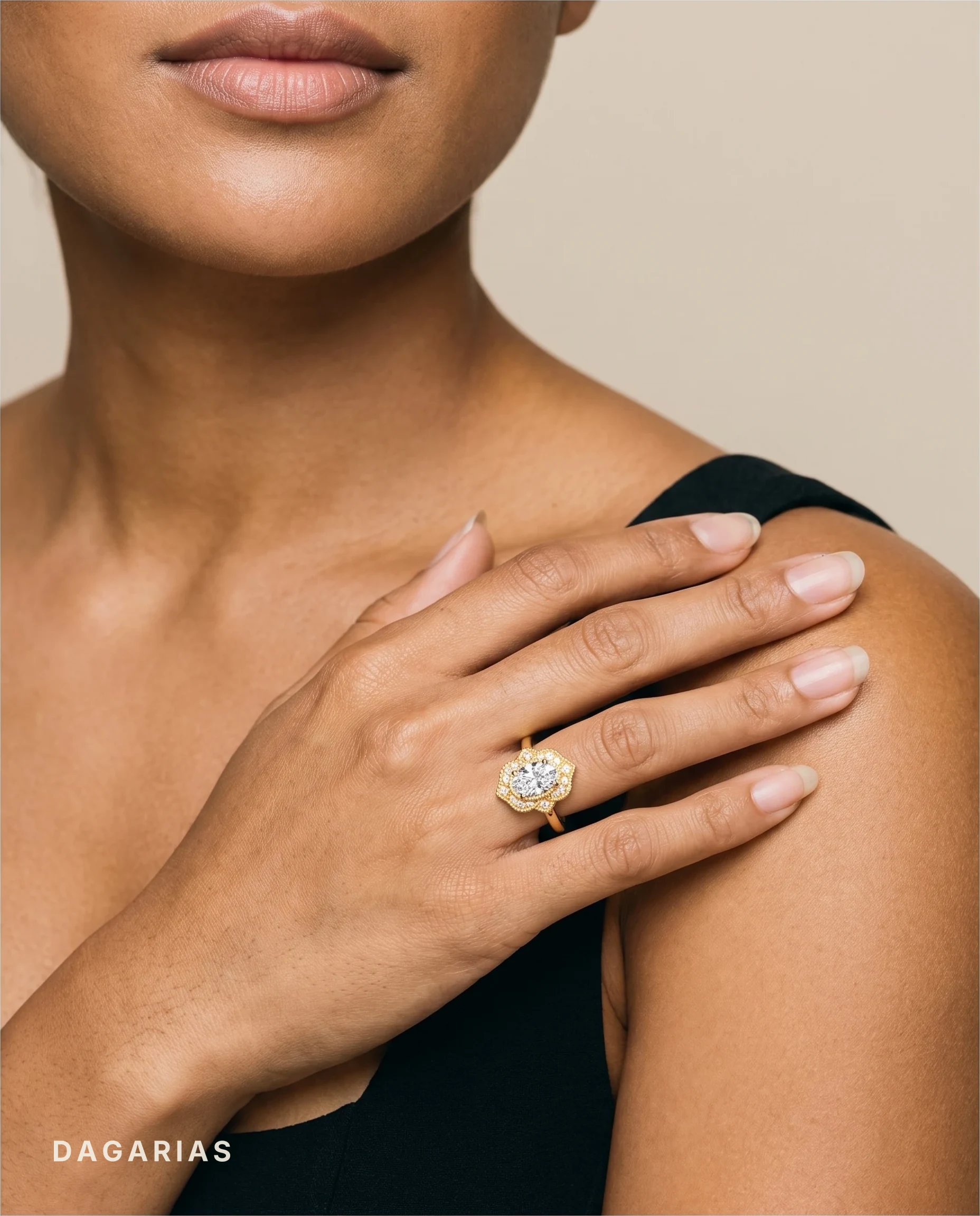 Maren, Oval Halo with Milgrain, Plain Band in Yellow Gold, oval, worn