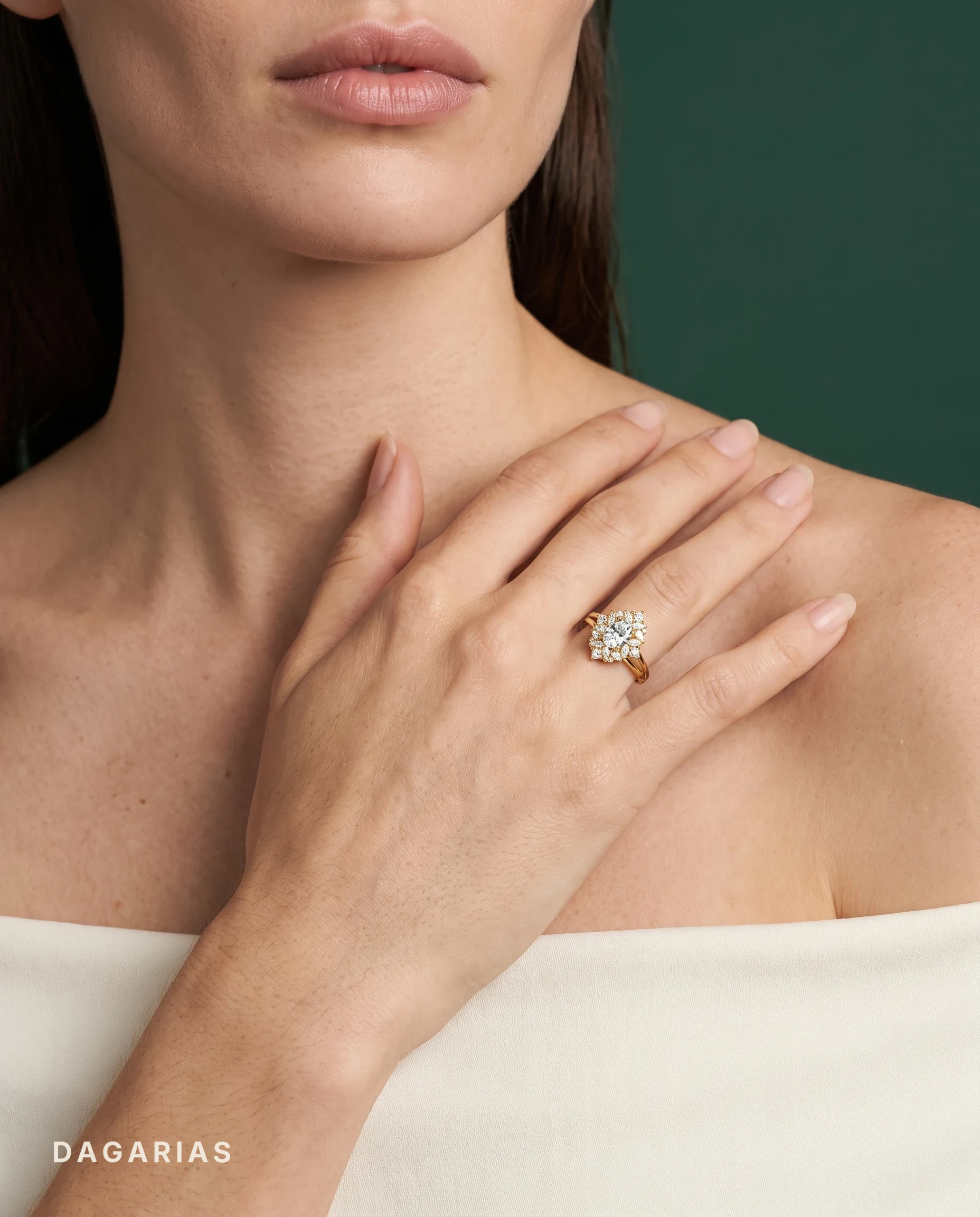 Thalia, Oval Cluster of Marquises, Princess Cuts and Rounds, Split Band in Yellow Gold, oval, worn