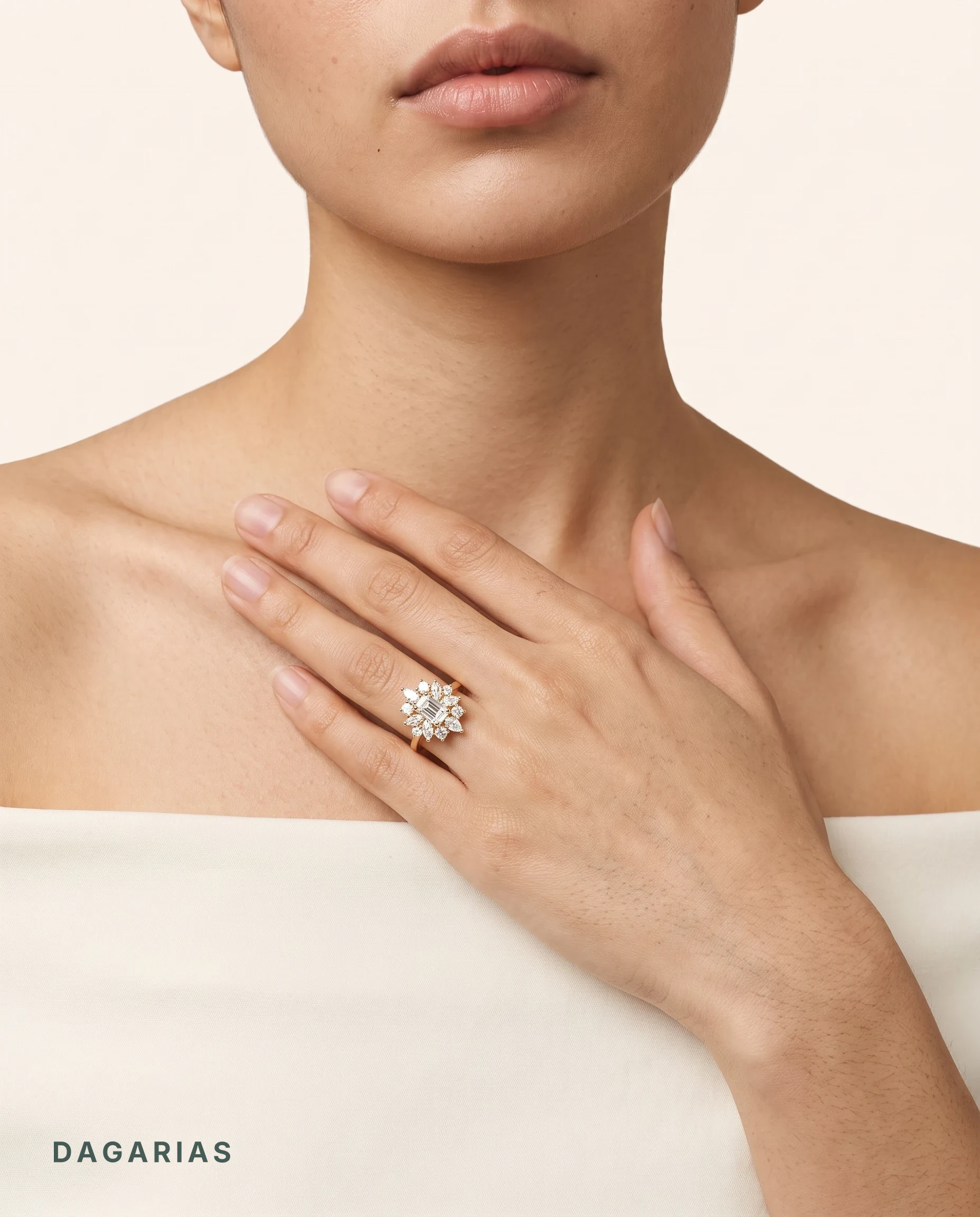 Xenia, Emerald Cut Cluster of Pears, Marquises and Rounds in Yellow Gold, emerald, worn