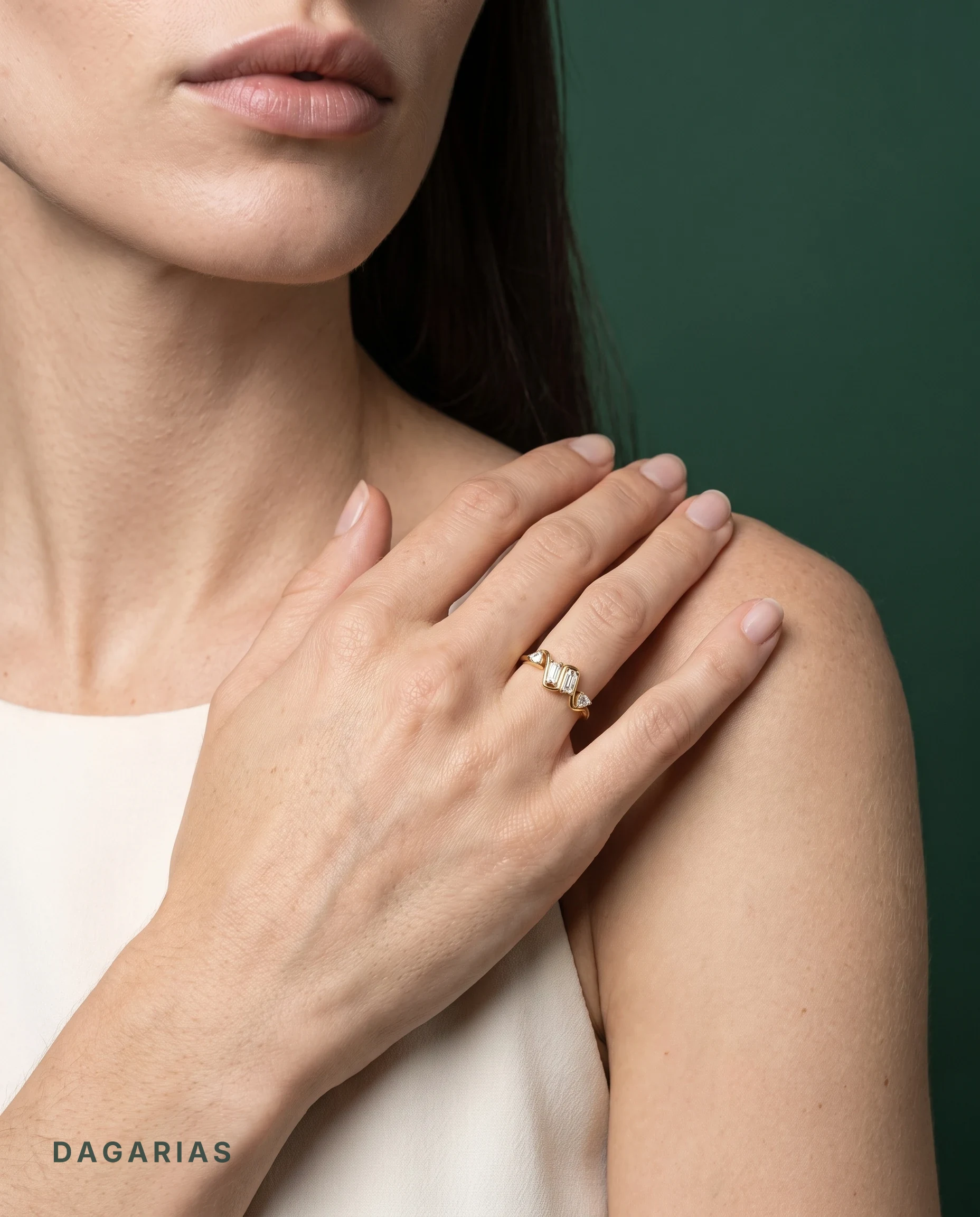 Bettina, Baguette Wave Band with Trillion Ends in Yellow Gold, baguette, worn