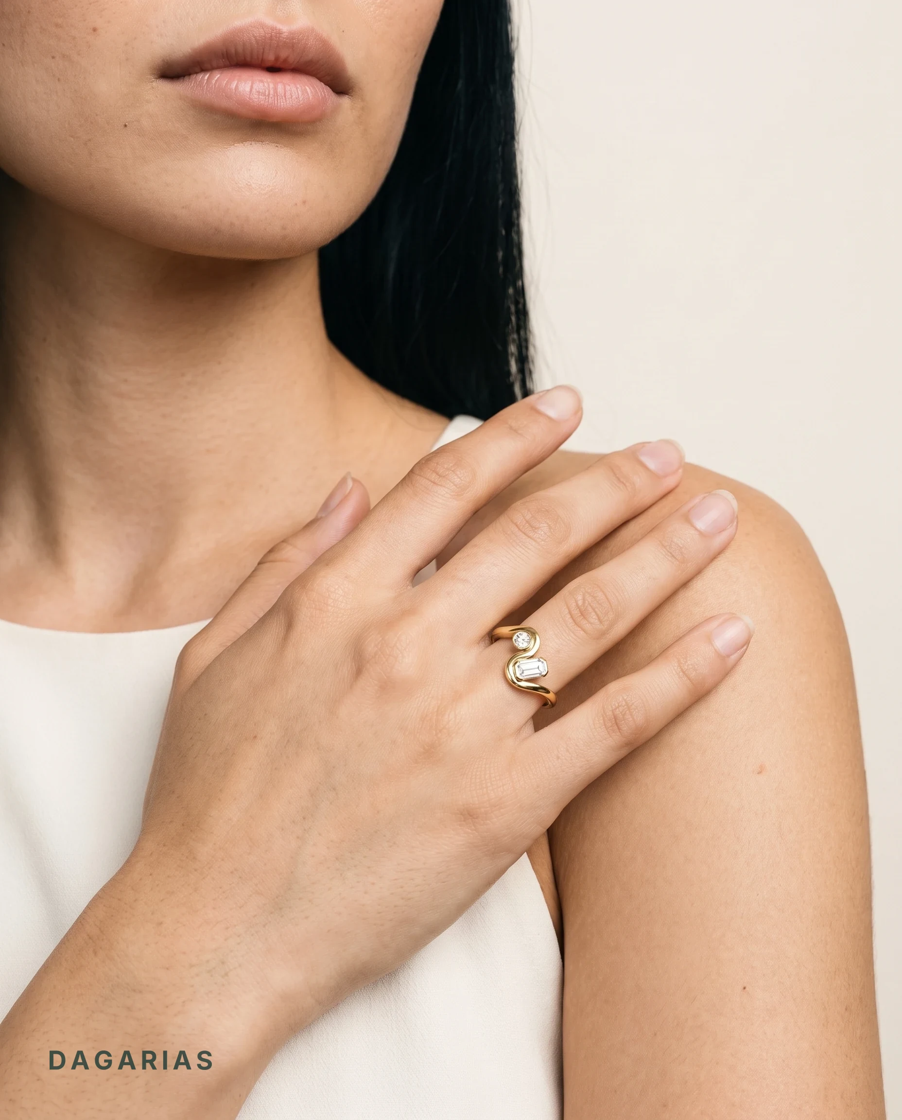 Emmeline, Bypass Ring with Round and Emerald Cut in Yellow Gold, round, worn