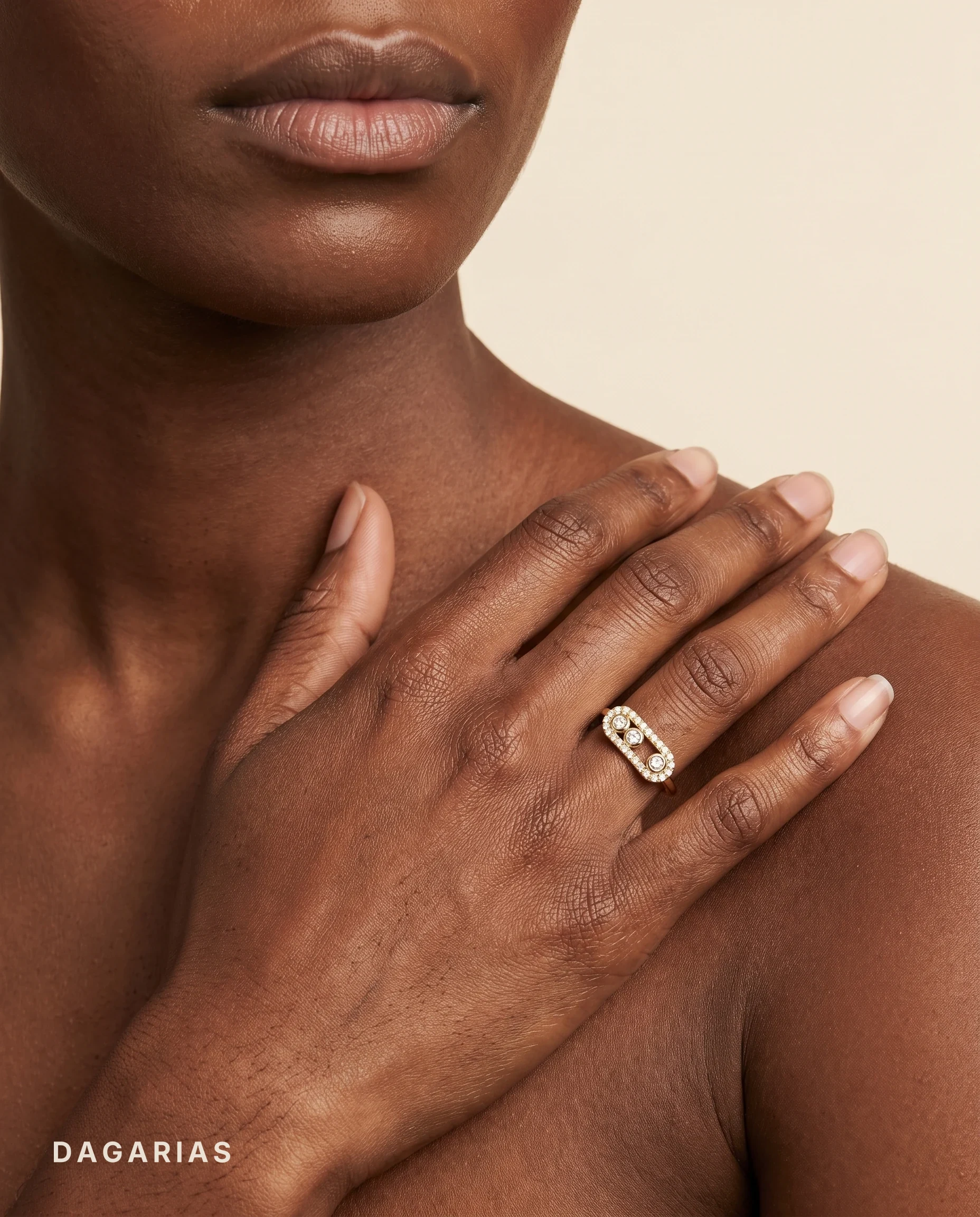 Lisette, Pavé Frame Ring with Three Rounds in Yellow Gold, round, worn