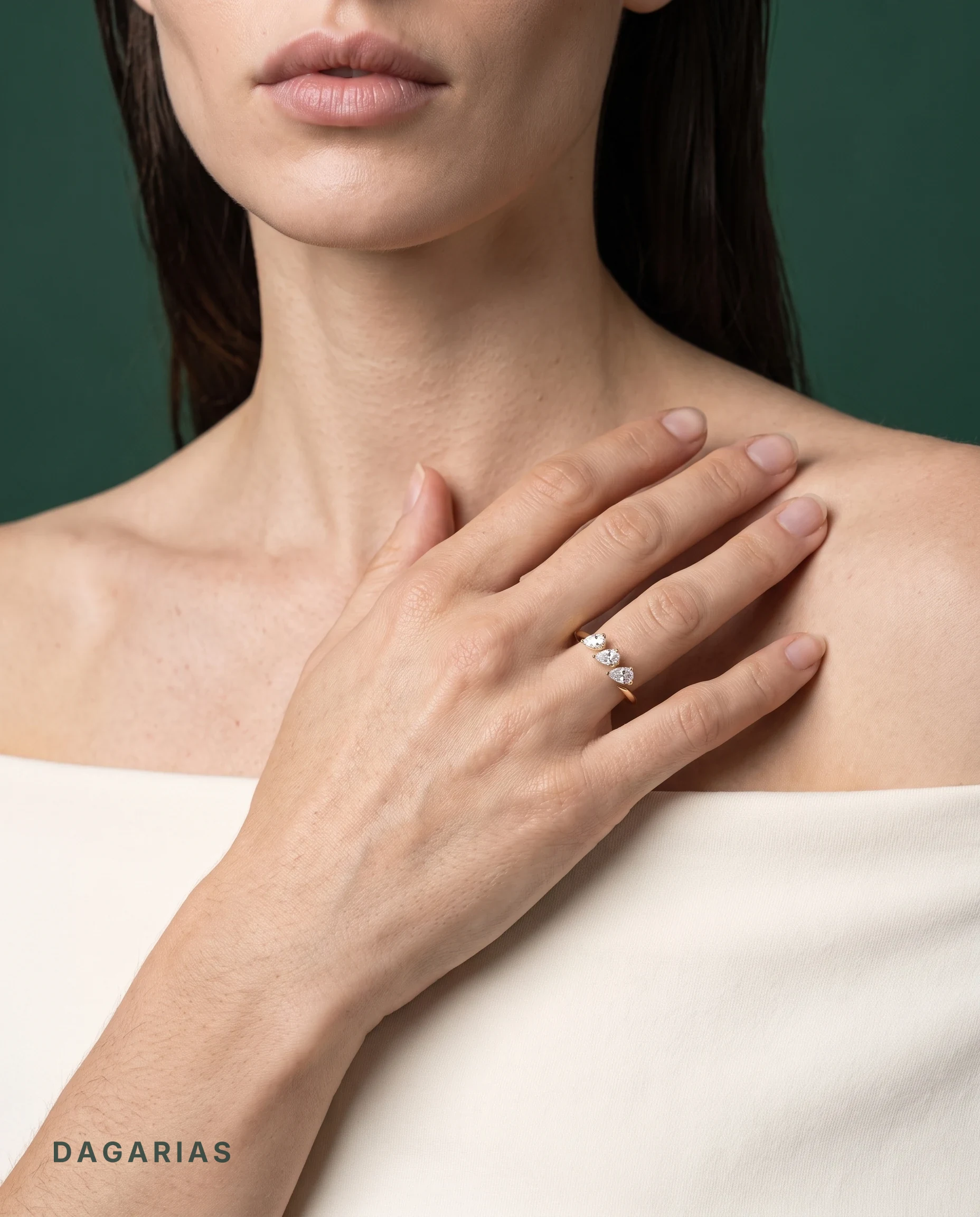 Madeleine, Three Pear Open Band, Set on the Slant in Yellow Gold, pear, worn