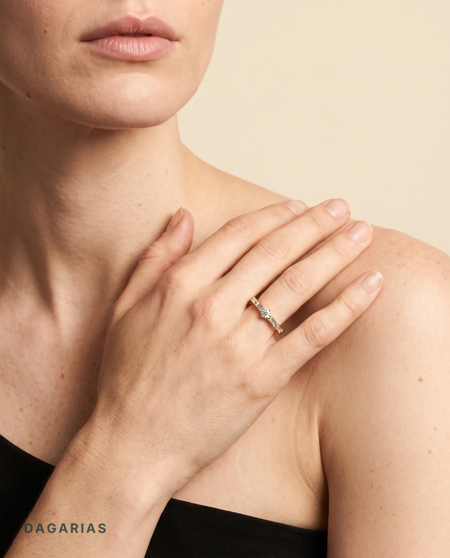 Nicolette, Baguette Band with a Round at the Centre in Yellow Gold, round, worn