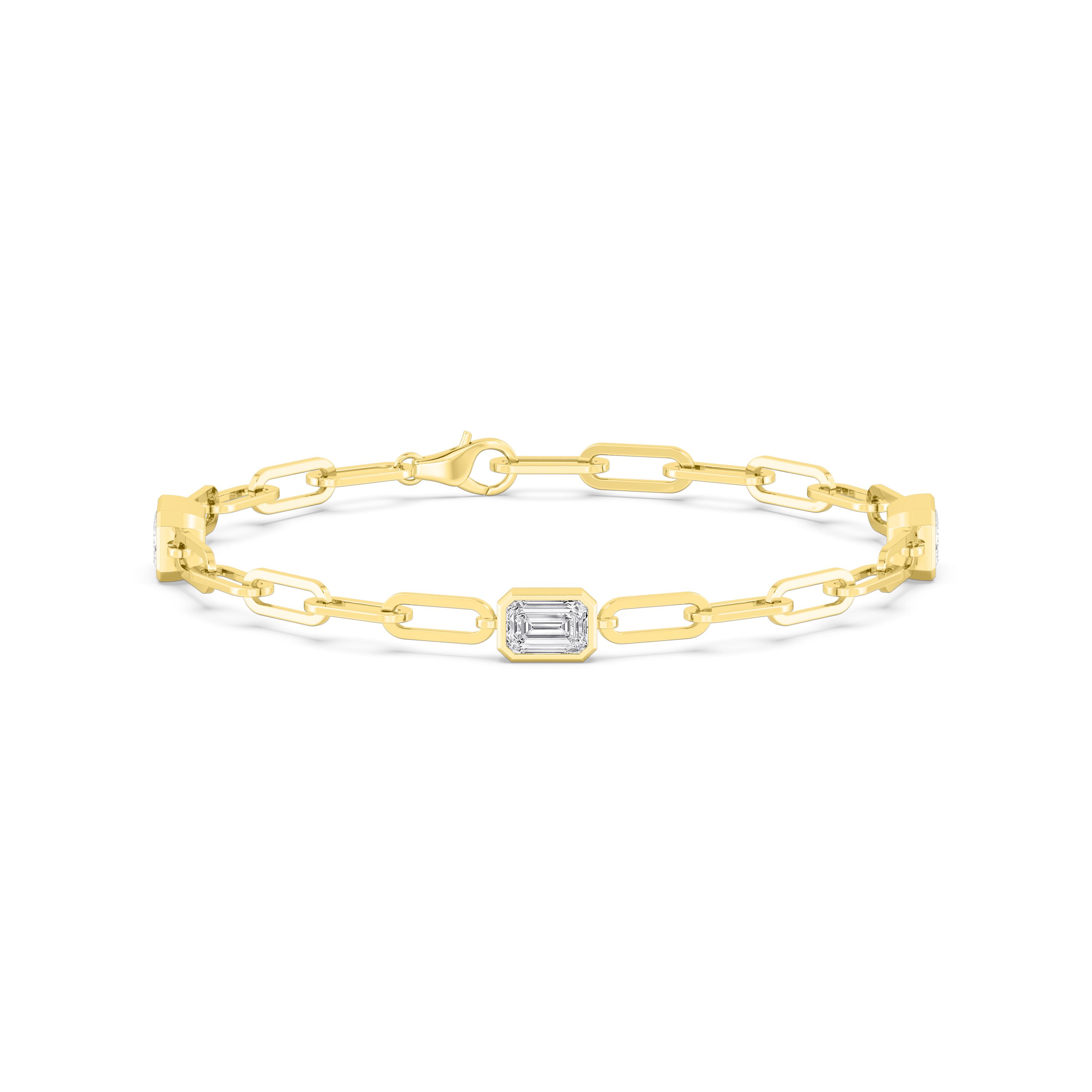 Letter Emerald, Emerald-Cut Paperclip Bracelet in Yellow Gold, emerald, studio photo