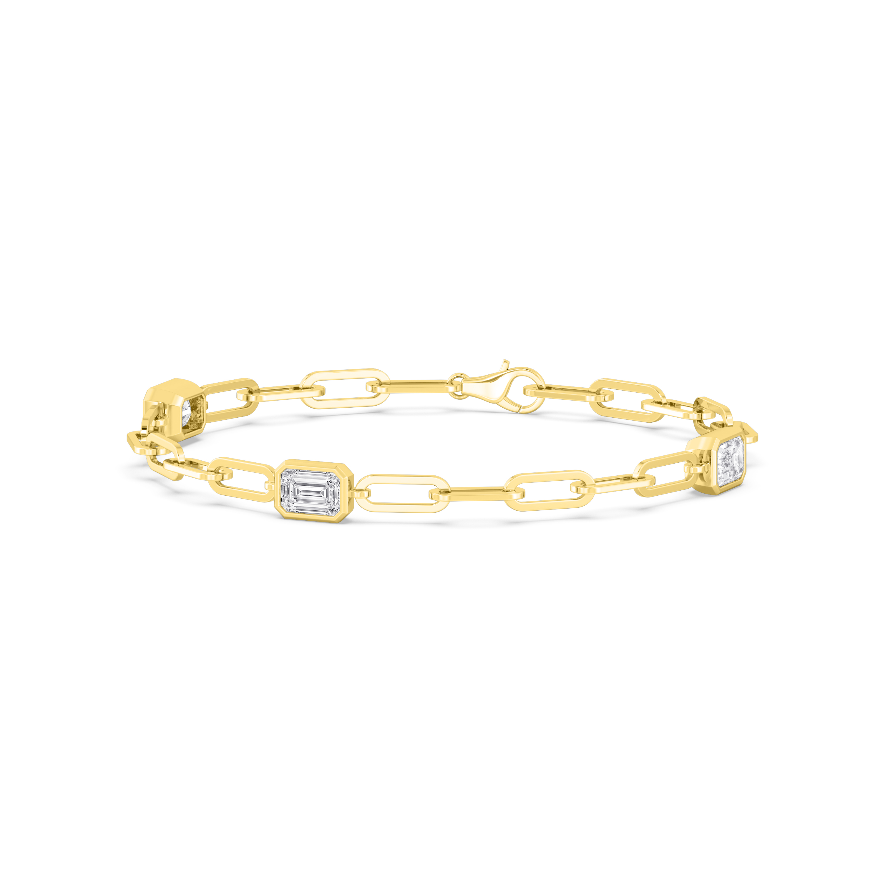 Letter Emerald, Emerald-Cut Paperclip Bracelet in Yellow Gold, emerald, studio photo, alternate view
