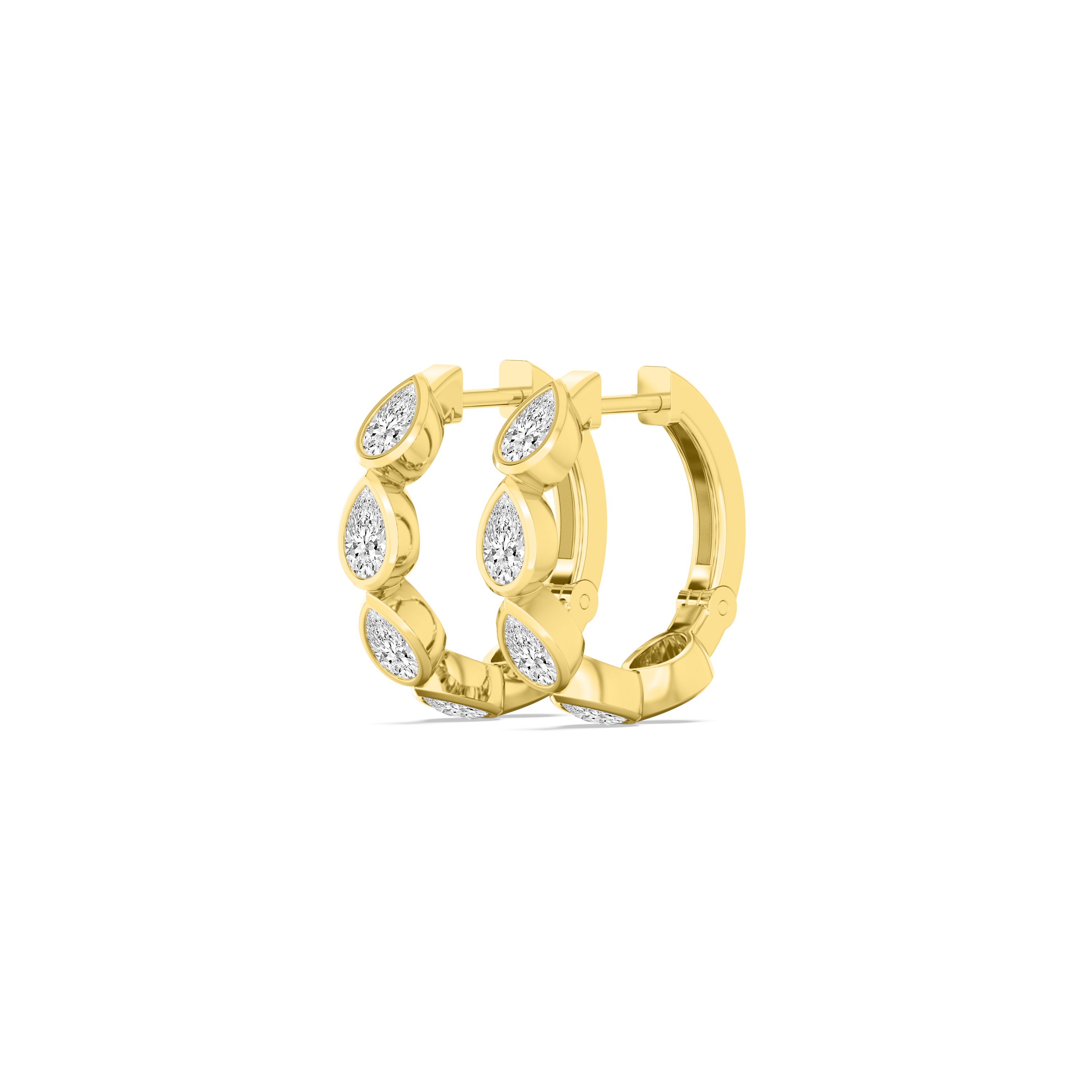 Lagoon, Pear Bezel Hoops in Yellow Gold, pear, plain background, alternate view