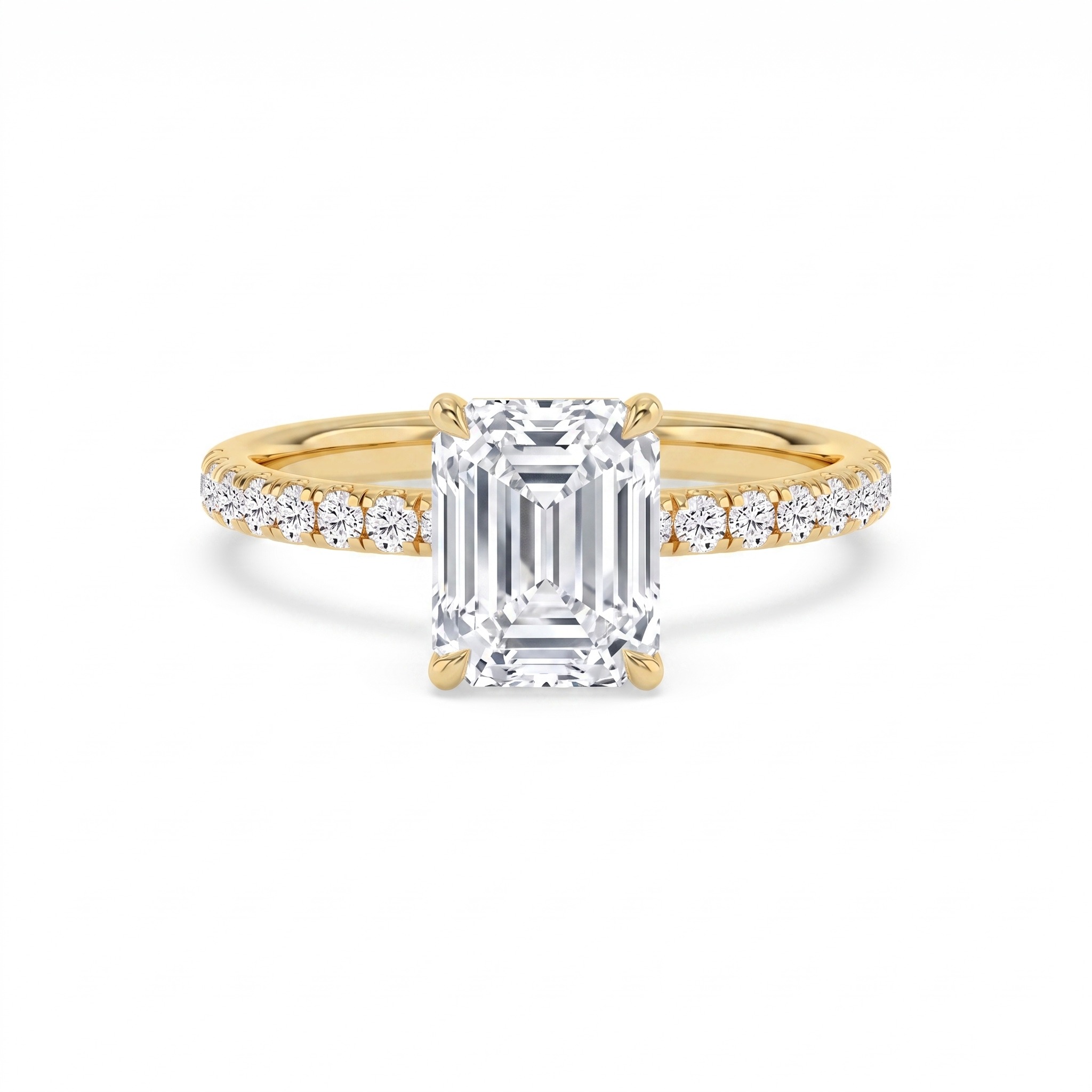 Fawn, Four Prong Emerald Solitaire, Pavé Band, Hidden Halo in Yellow Gold, emerald