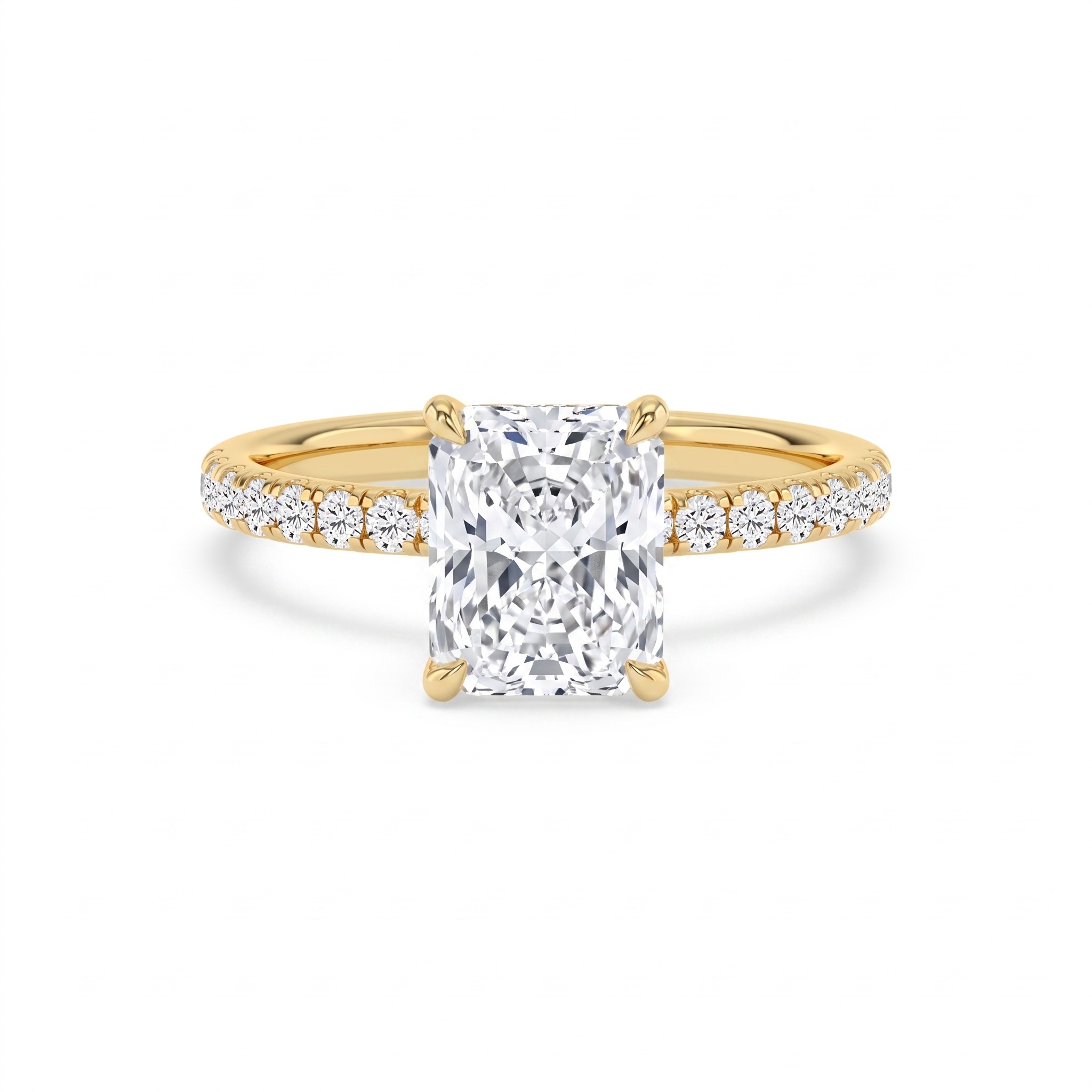 Flax, Four Prong Radiant Solitaire, Pavé Band, Hidden Halo in Yellow Gold, radiant
