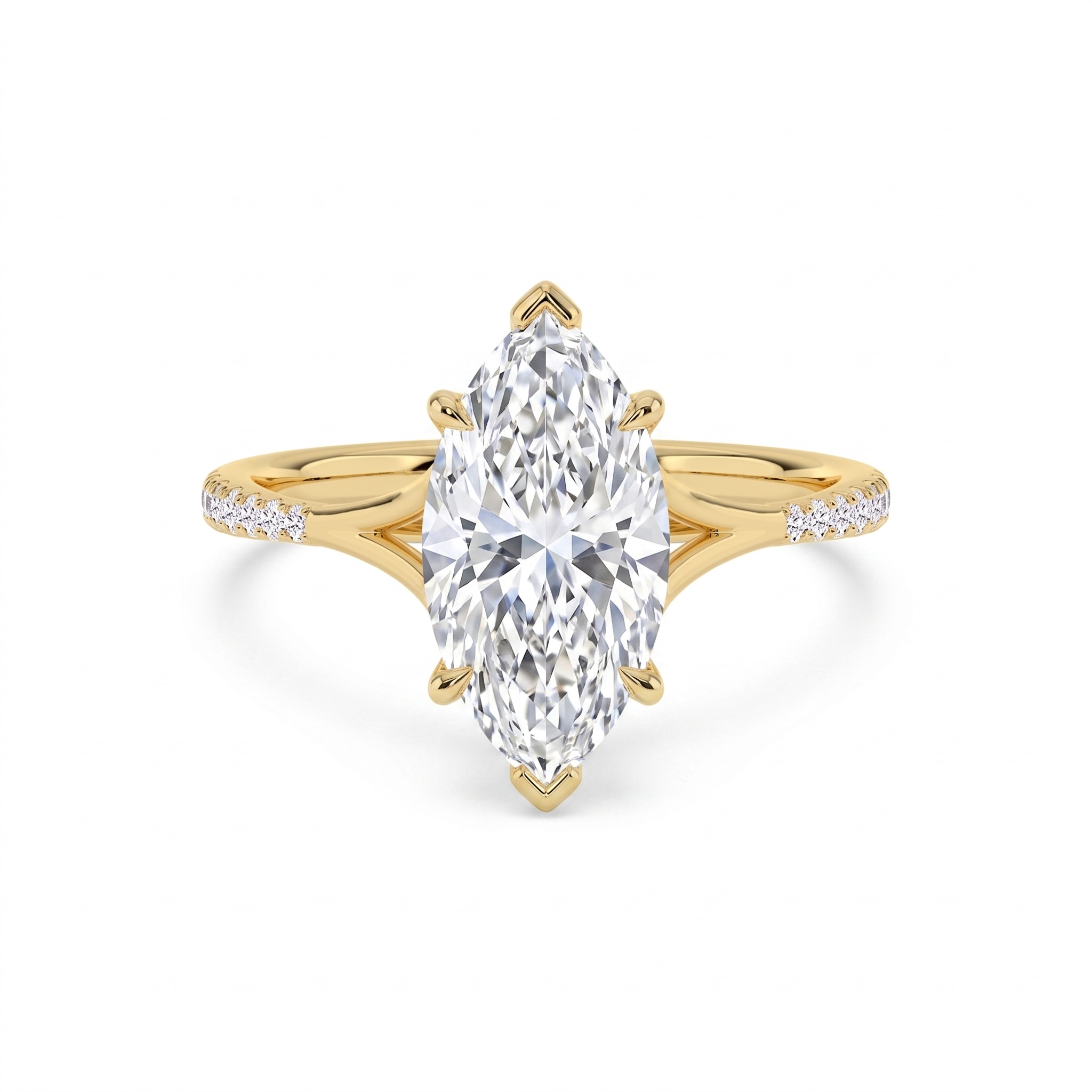 Islet, Six Prong Marquise Solitaire, Pavé Band, Split Shank in Yellow Gold, marquise
