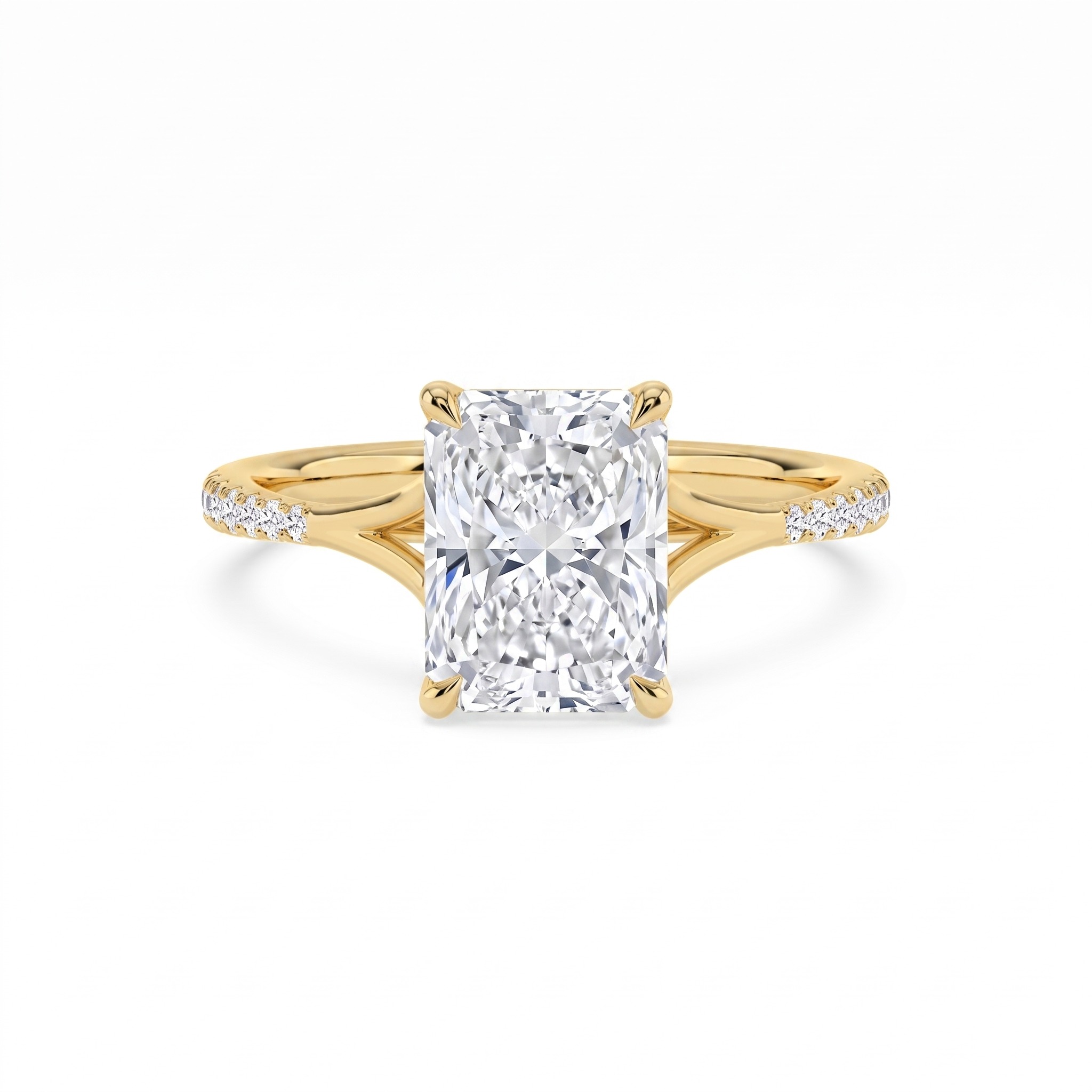 Lichen, Four Prong Radiant Solitaire, Pavé Band, Split Shank in Yellow Gold, radiant