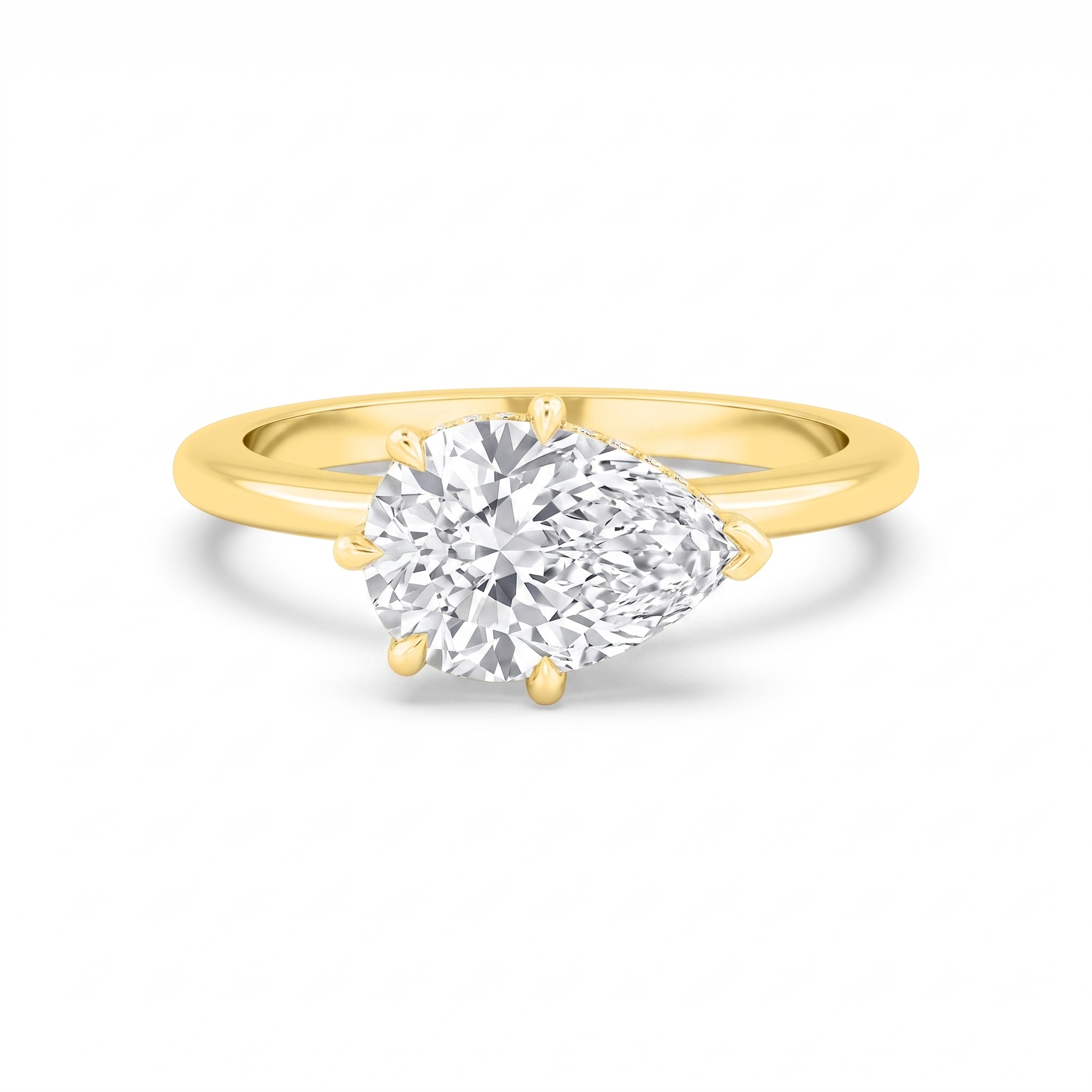 Fleck, Five Prong Pear East-West Solitaire, Hidden Halo in Yellow Gold, pear
