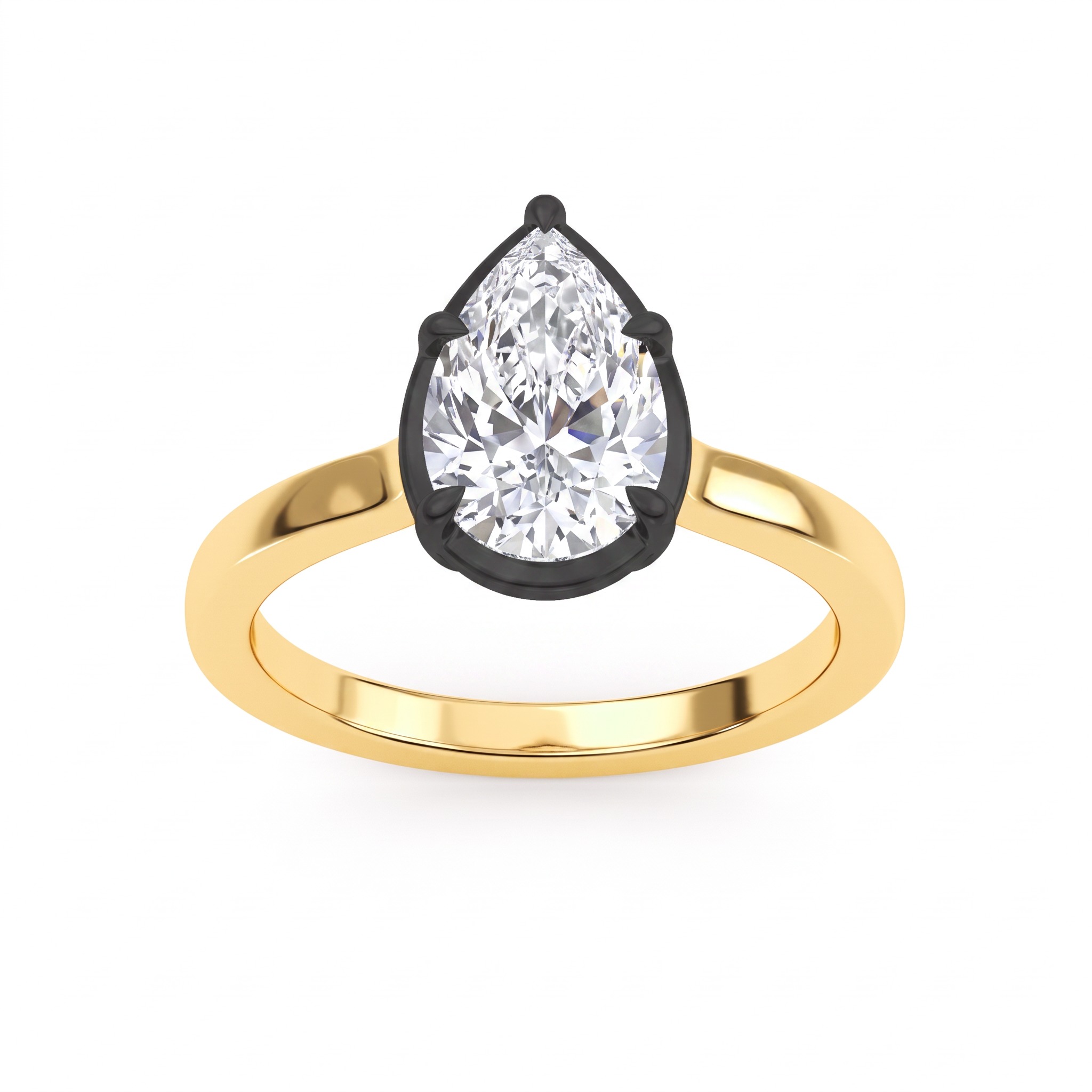 Larch, Five Prong Pear Solitaire, Black Rhodium Head in Yellow Gold, pear