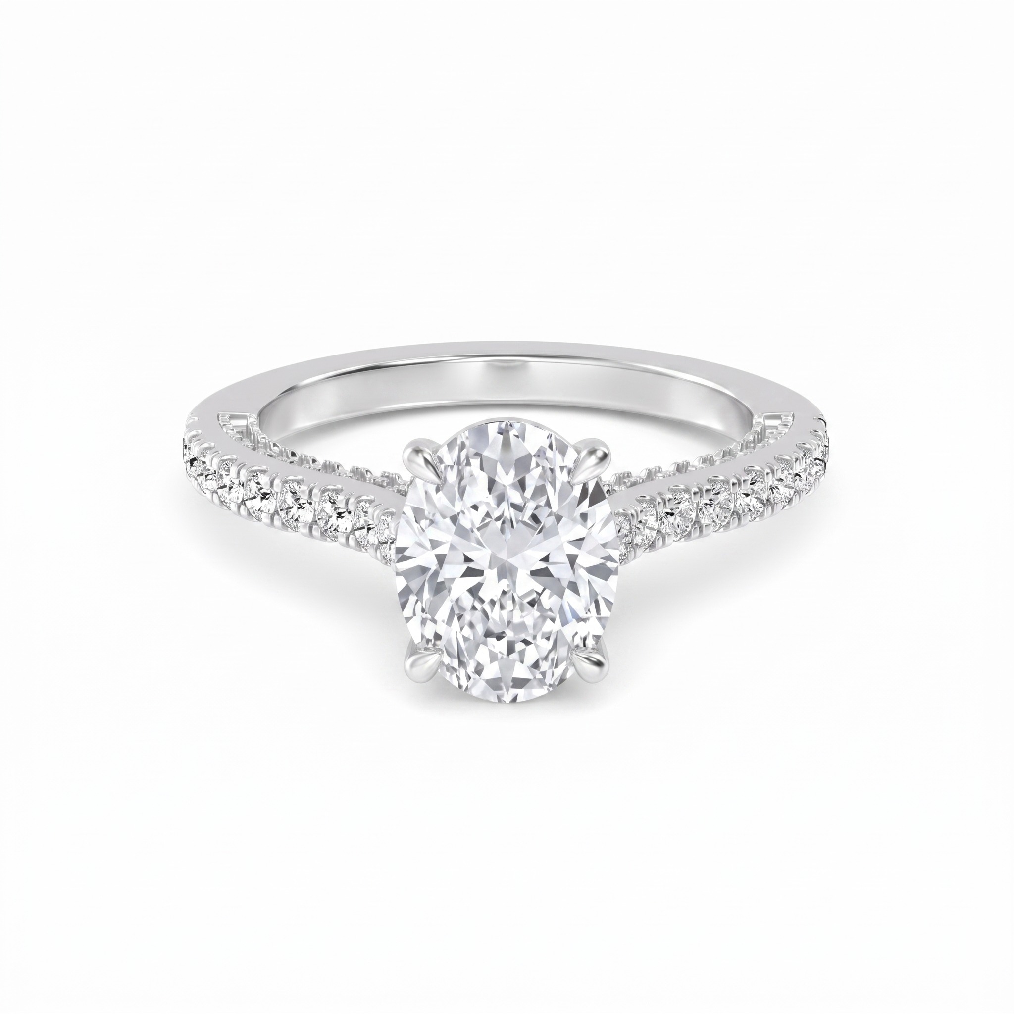 Thrush, Four Prong Oval Solitaire, Pavé Band in White Gold, oval