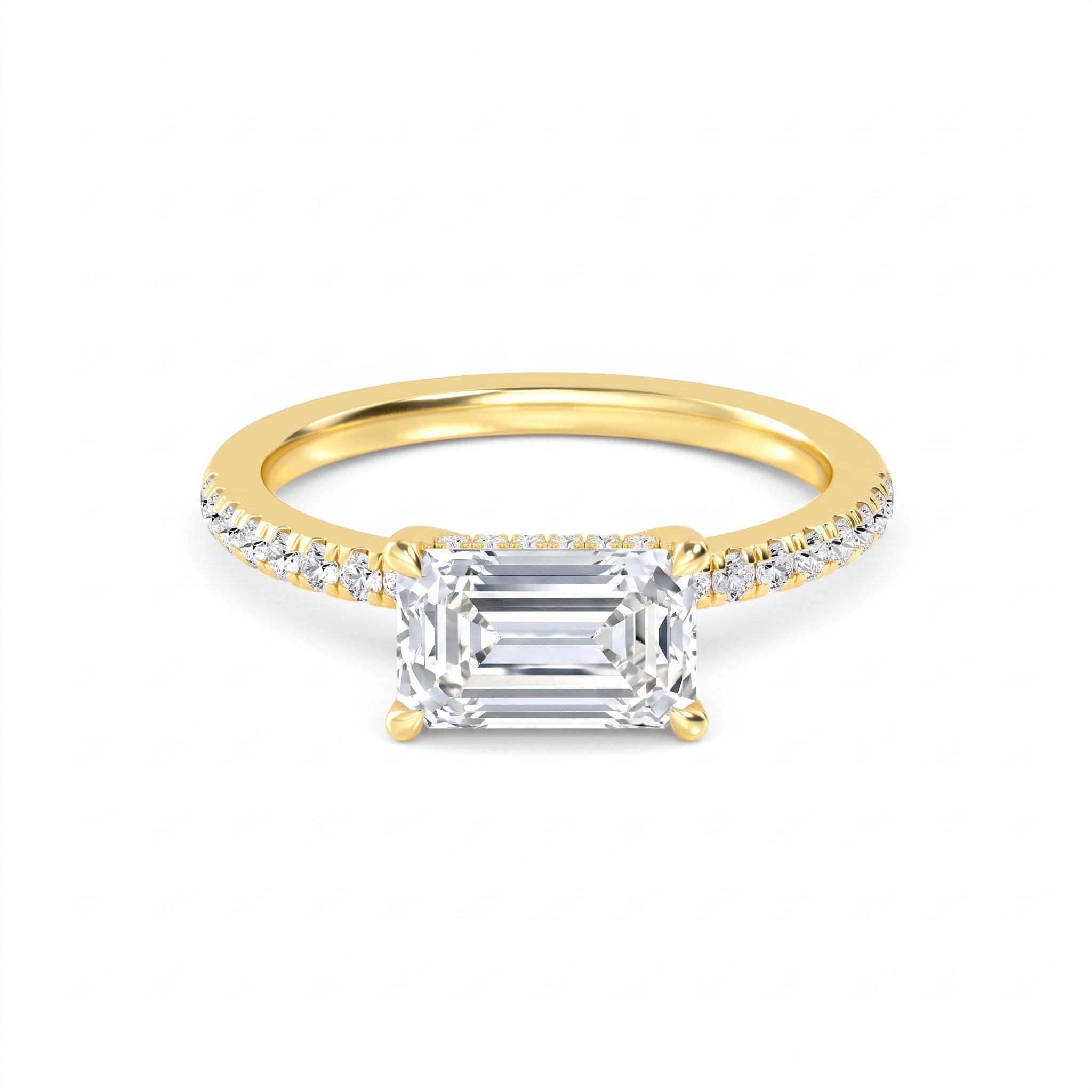 Laurel, Four Prong Emerald East-West Solitaire, Pavé Band, Hidden Halo in Yellow Gold, emerald
