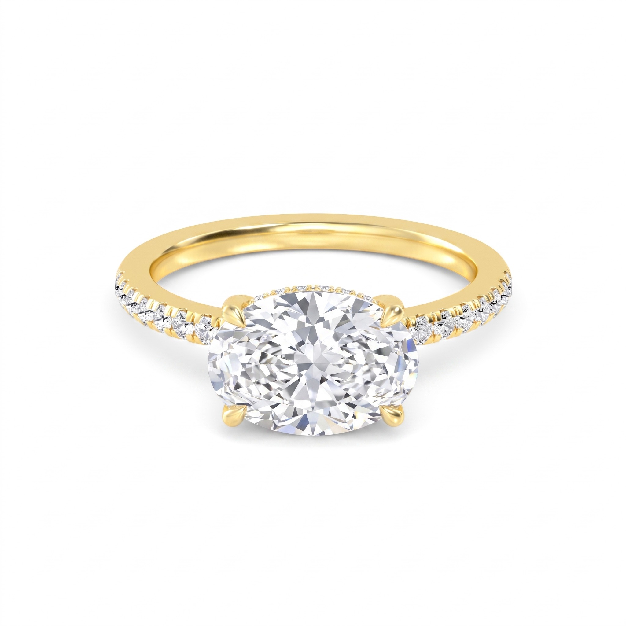 Lily, Four Prong Oval East-West Solitaire, Pavé Band, Hidden Halo in Yellow Gold, oval
