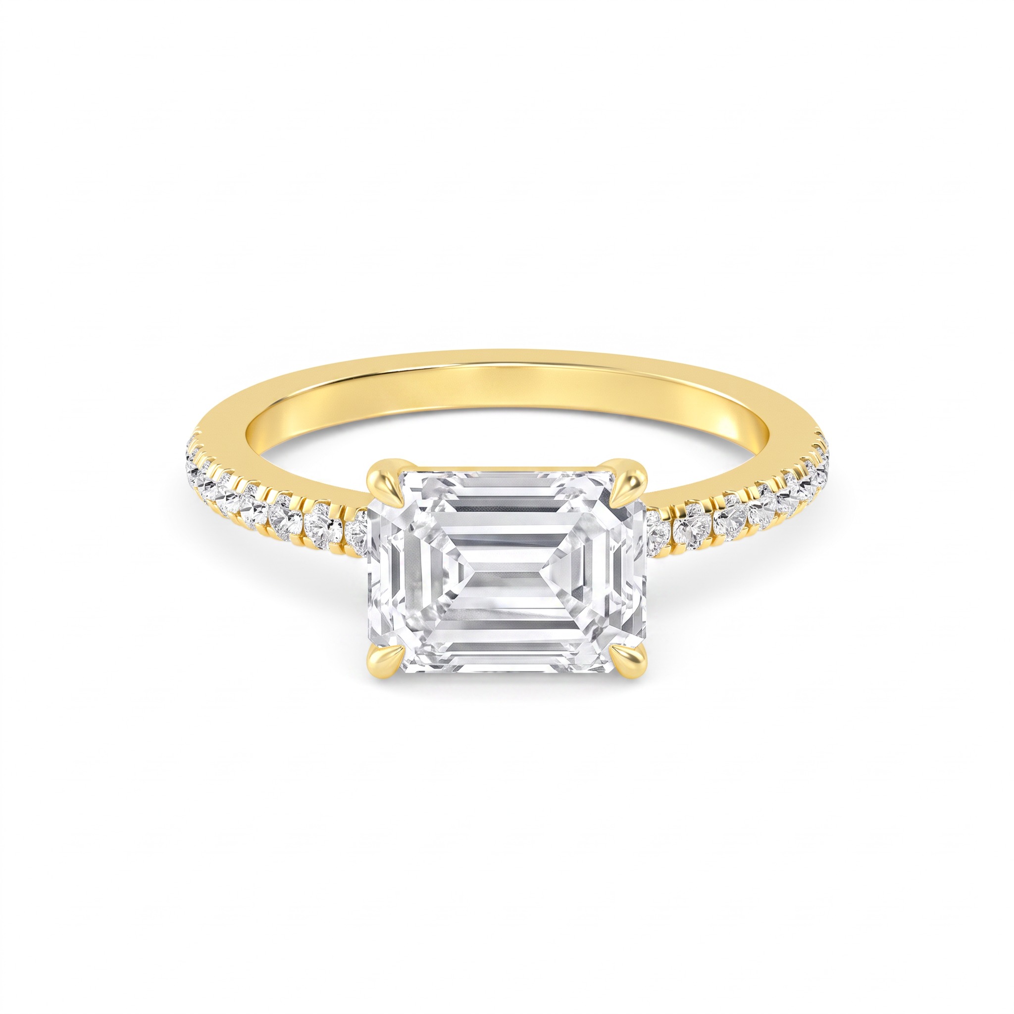 Clove, Four Prong Emerald East-West Solitaire, Pavé Band in Yellow Gold, emerald