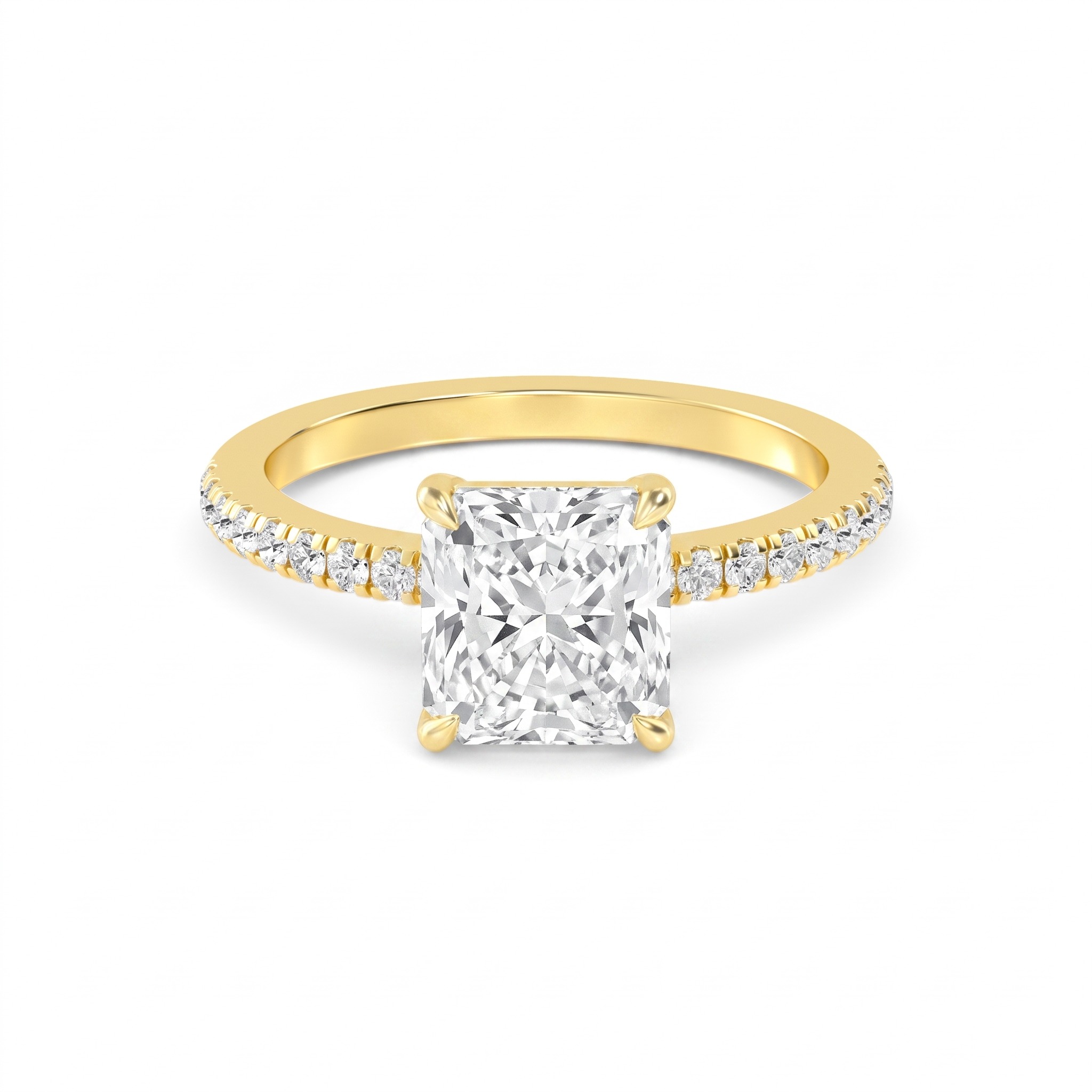 Sage, Four Prong Radiant East-West Solitaire, Pavé Band in Yellow Gold, radiant