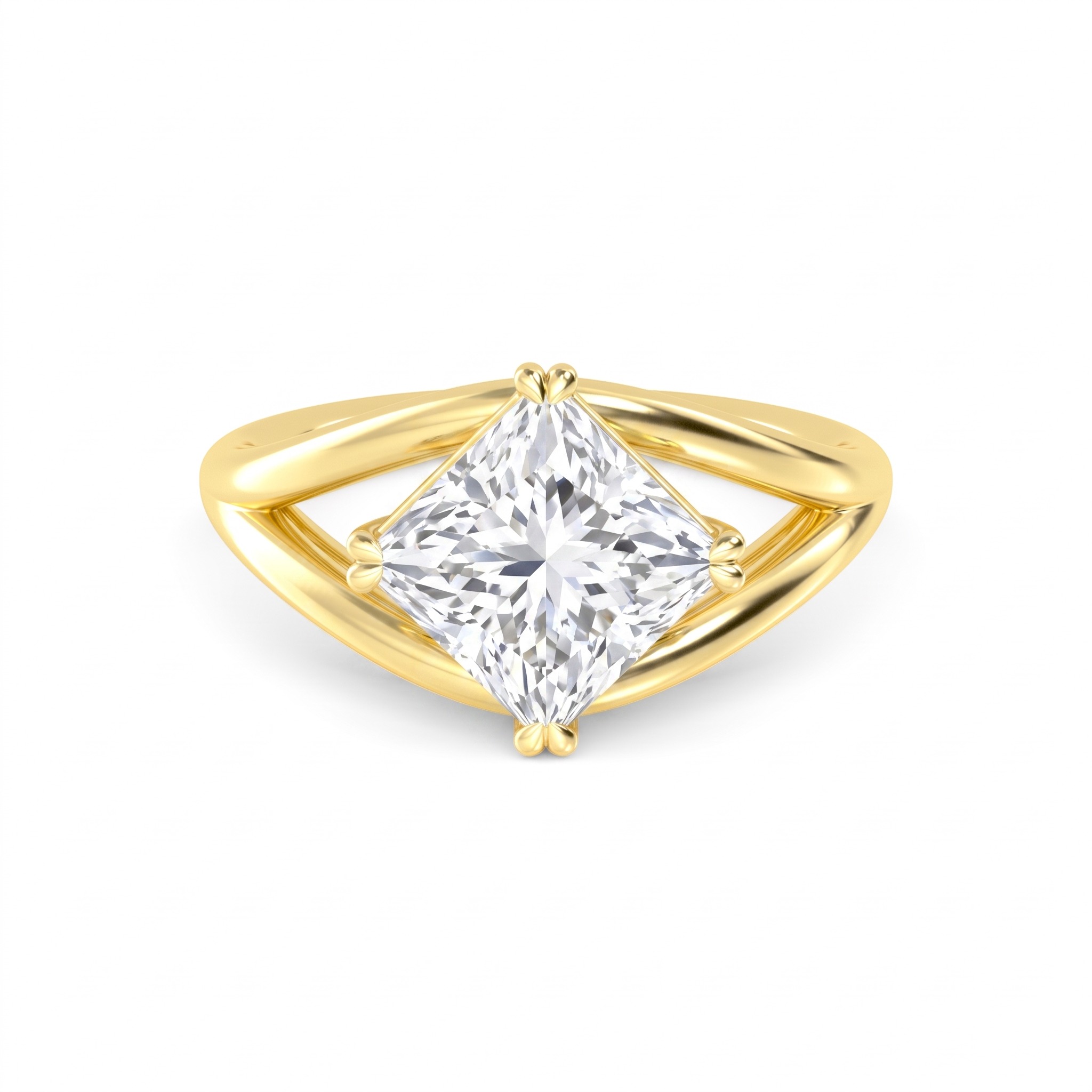 Plum, Double Claw Princess Solitaire, Split Shank in Yellow Gold, princess