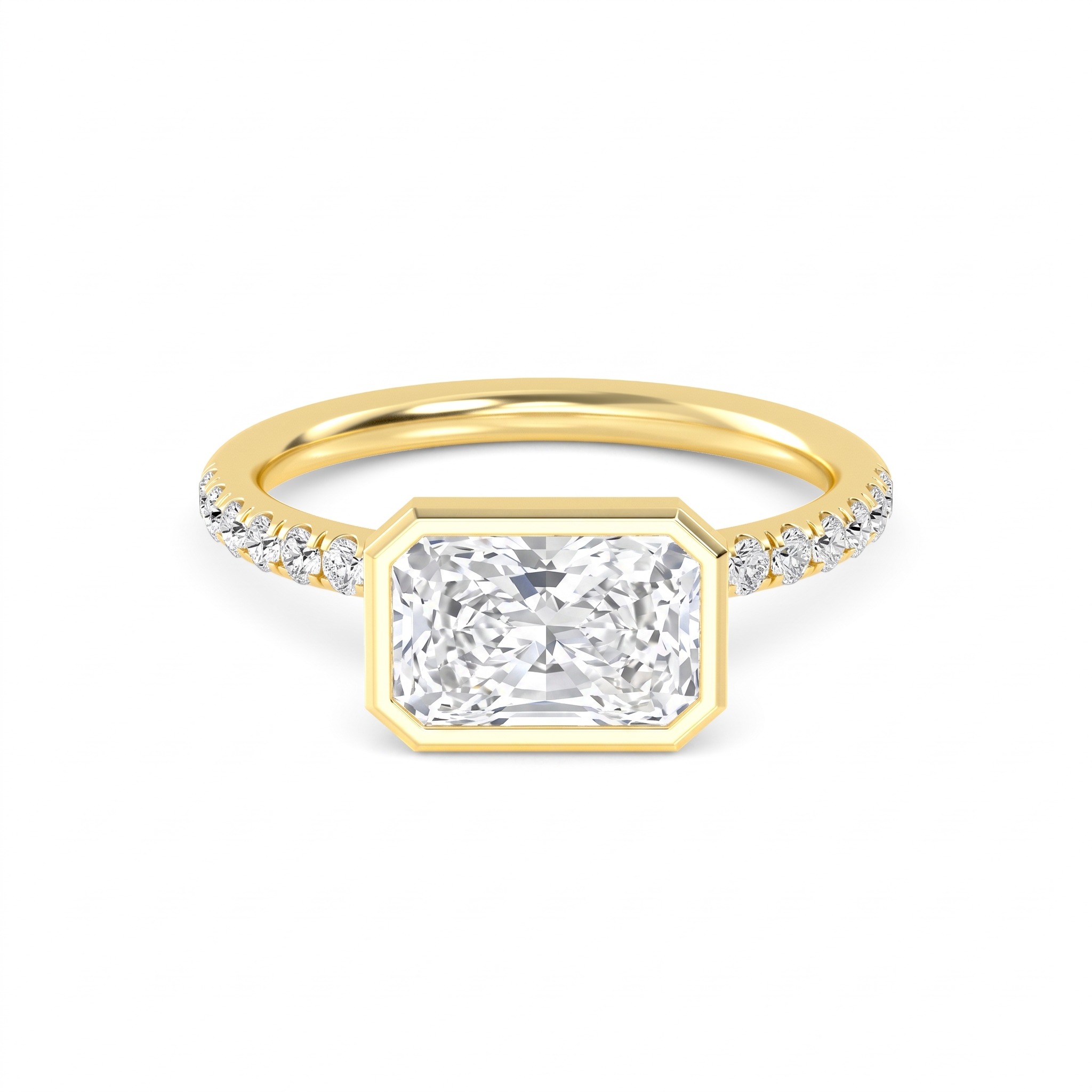 Ballad, Bezel Radiant East-West Solitaire, Pavé Band in Yellow Gold, radiant