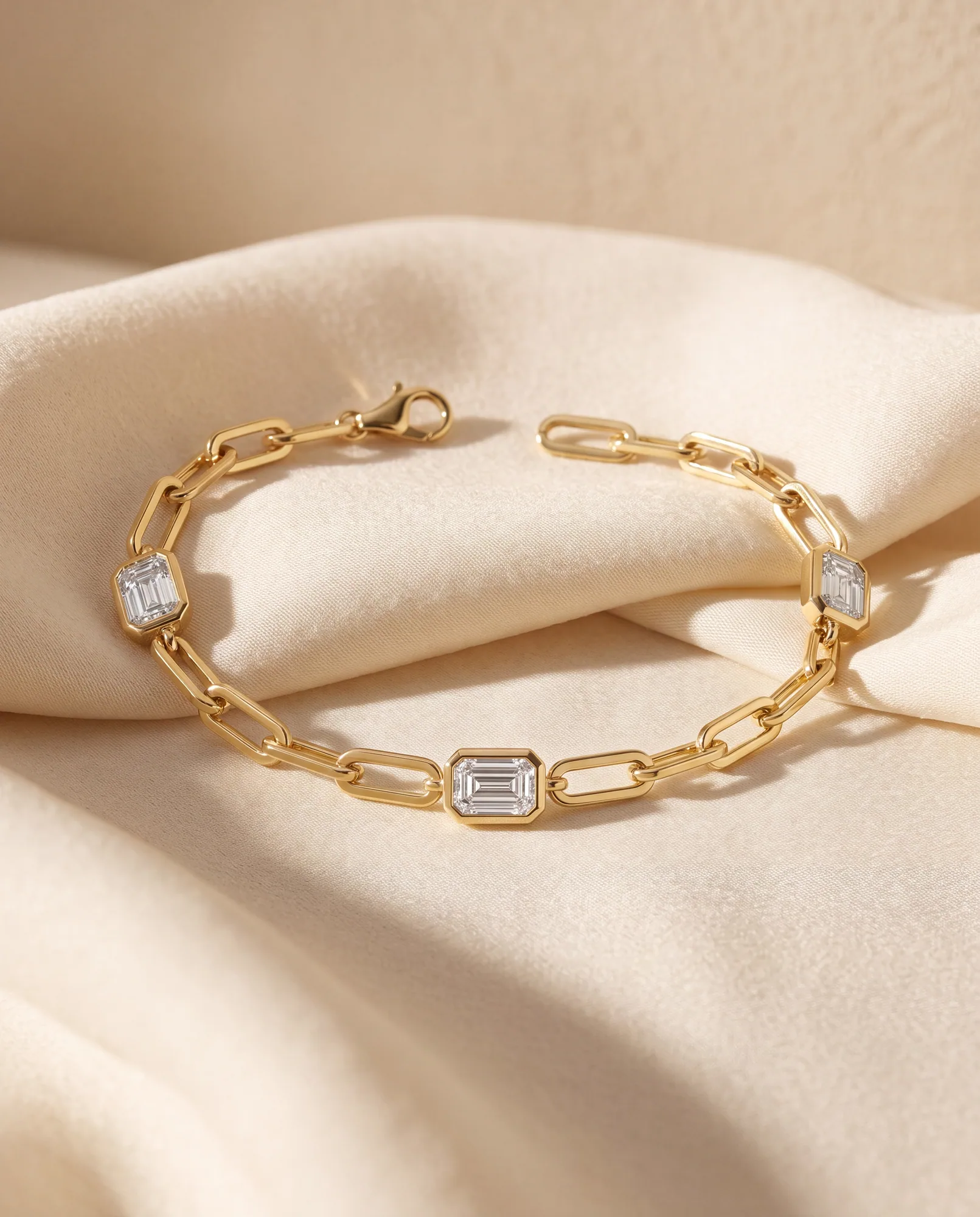 Letter Emerald, Emerald-Cut Paperclip Bracelet in Yellow Gold, emerald
