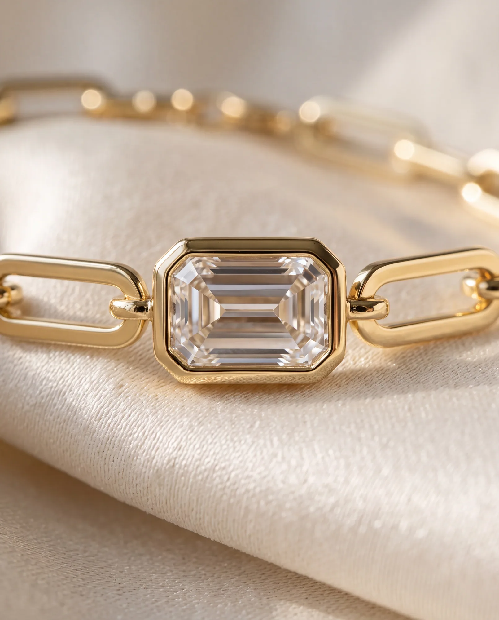 Letter Emerald, Emerald-Cut Paperclip Bracelet in Yellow Gold, emerald, side profile