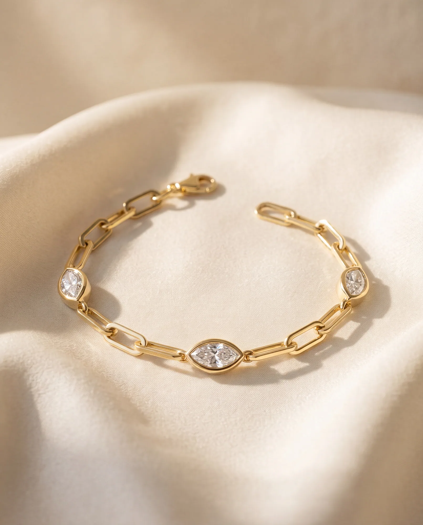 Letter Marquise, Marquise Paperclip Bracelet in Yellow Gold, marquise