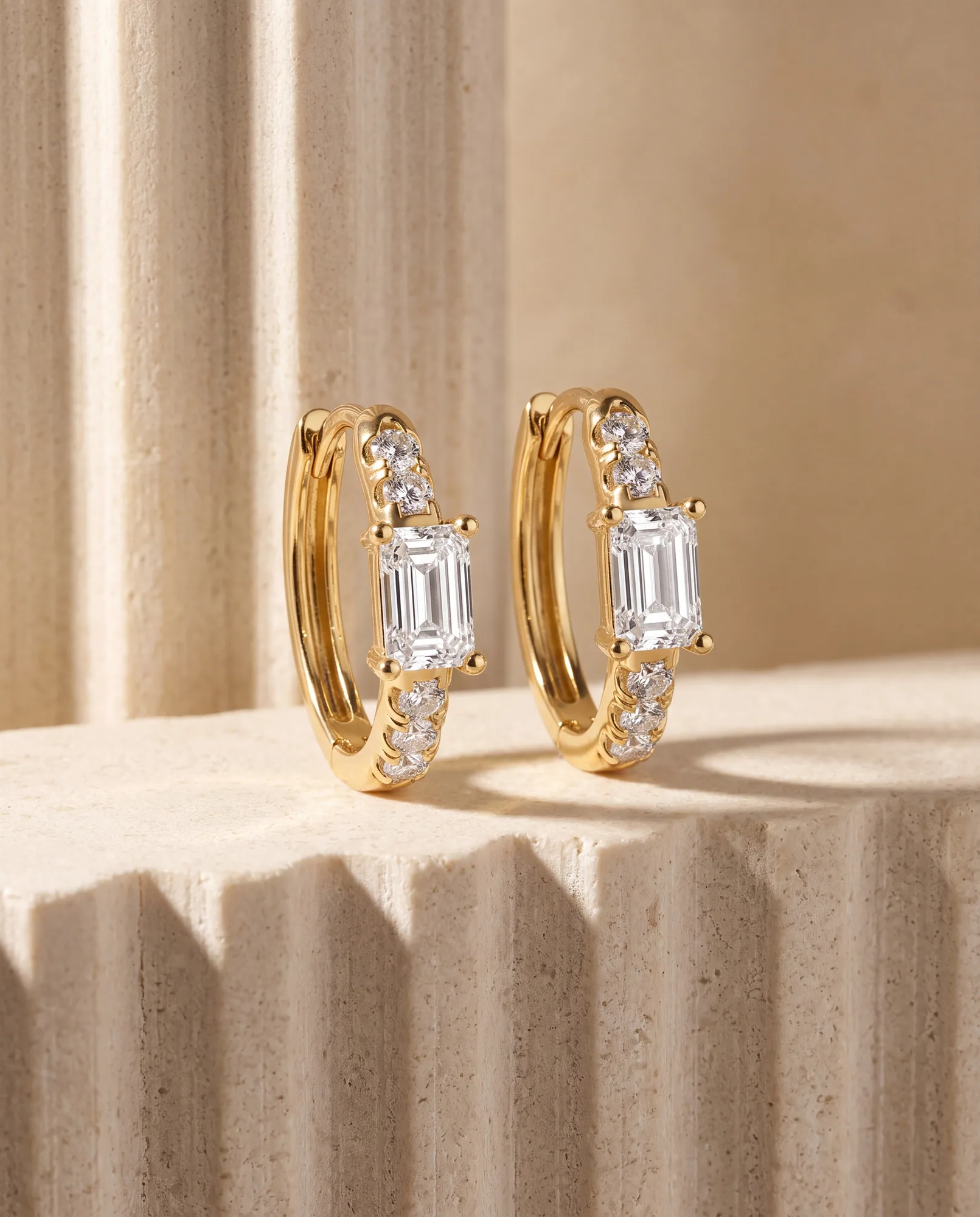 Orbit Emerald, Emerald-Cut Centre Diamond Hoops in Yellow Gold, emerald