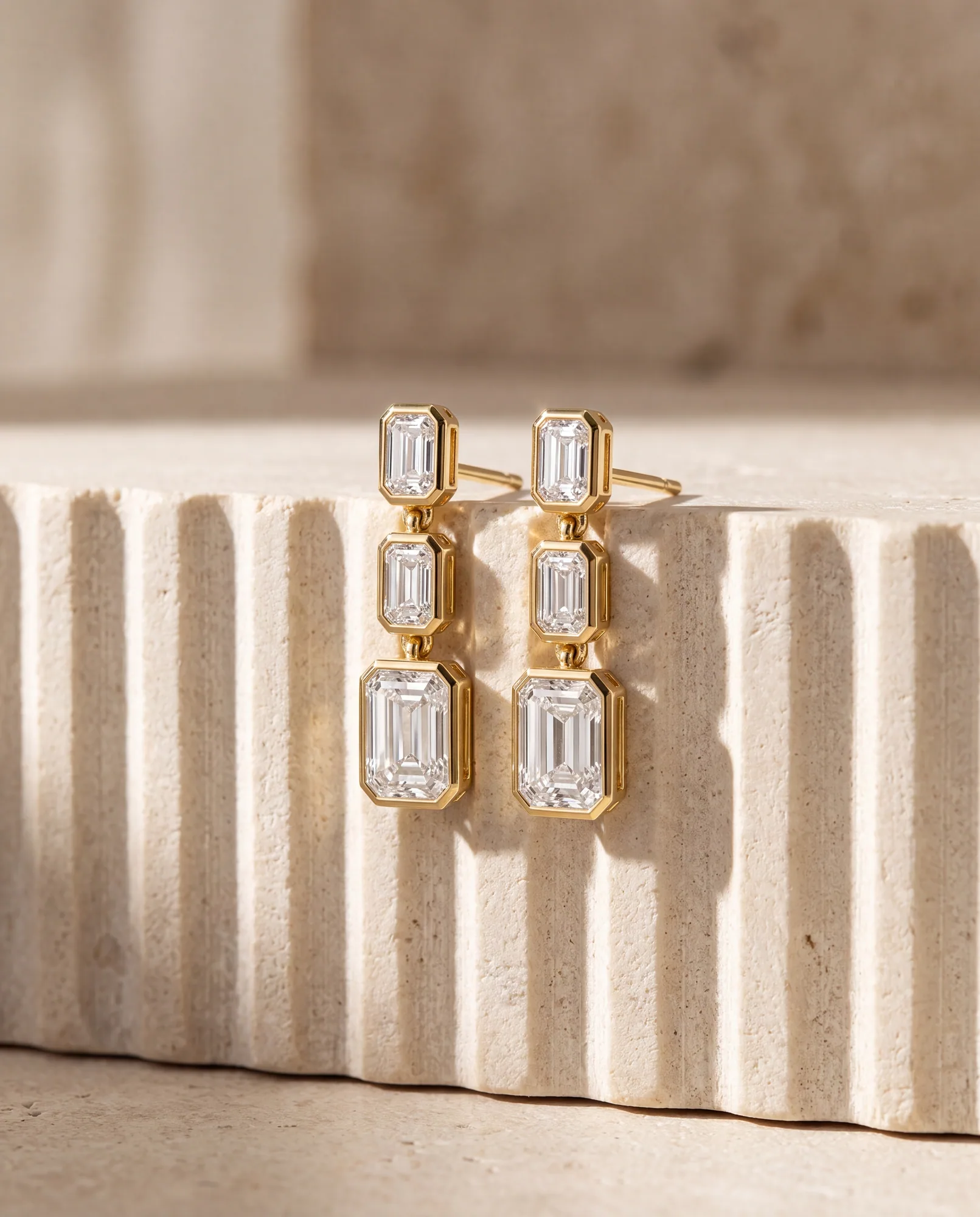 Rain Emerald, Emerald-Cut Bezel Drops in Yellow Gold, emerald