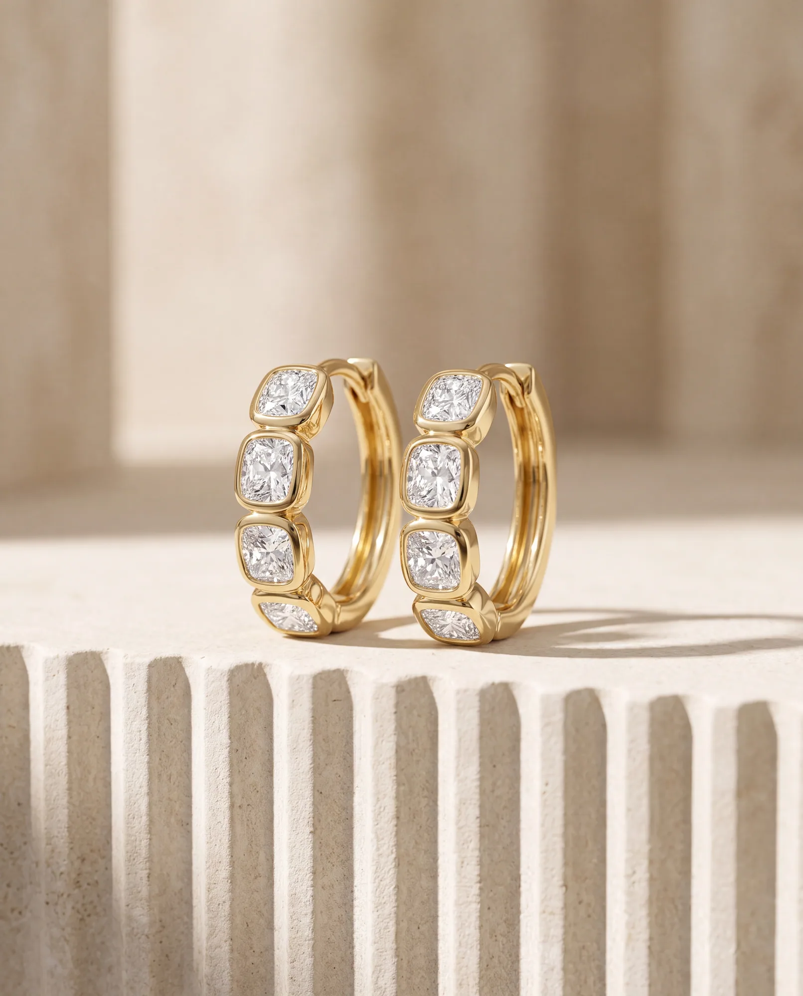 Carousel Cushion, Cushion Bezel Hoops in Yellow Gold, cushion