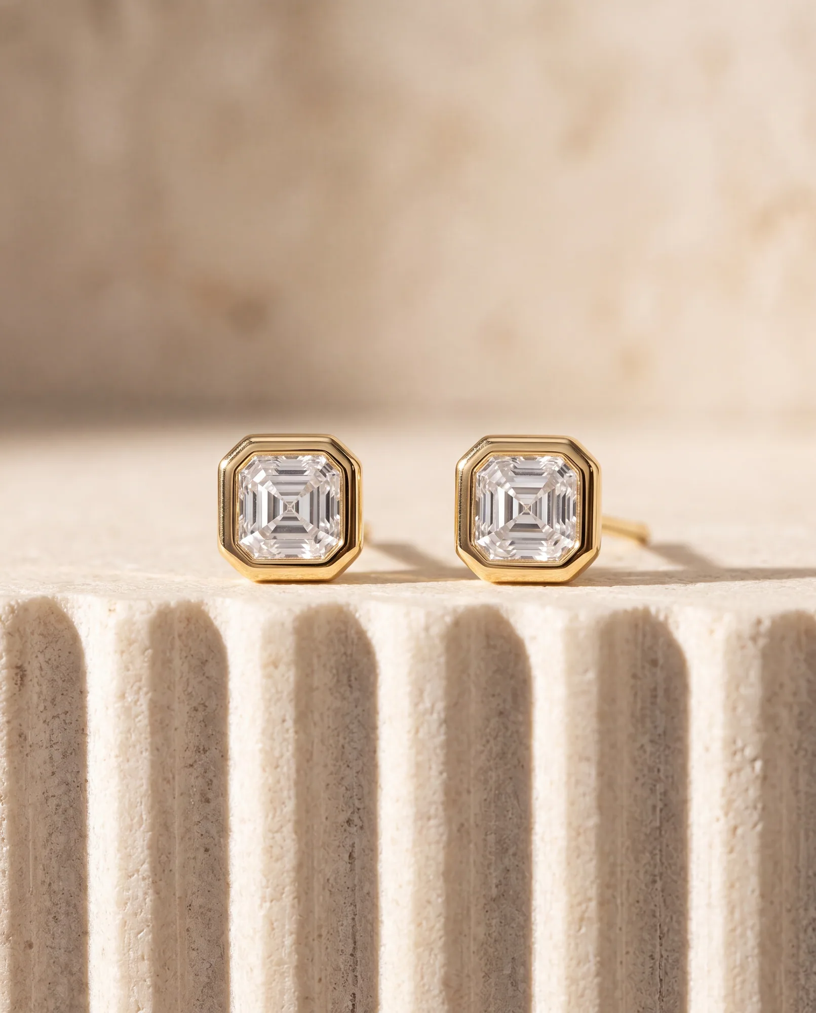 Moon Asscher, Asscher Bezel Studs in Yellow Gold, asscher