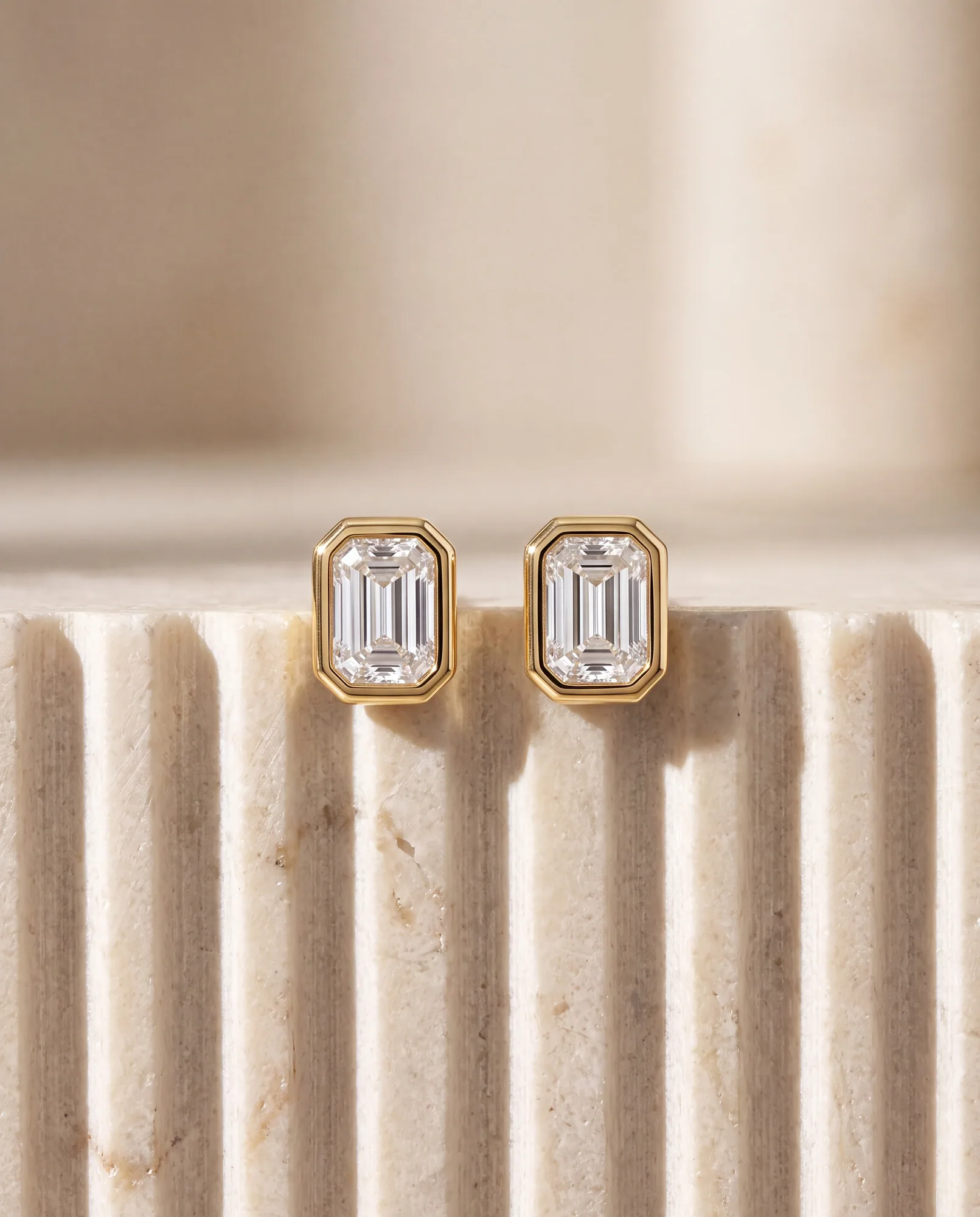 Moon Emerald, Emerald-Cut Bezel Studs in Yellow Gold, emerald